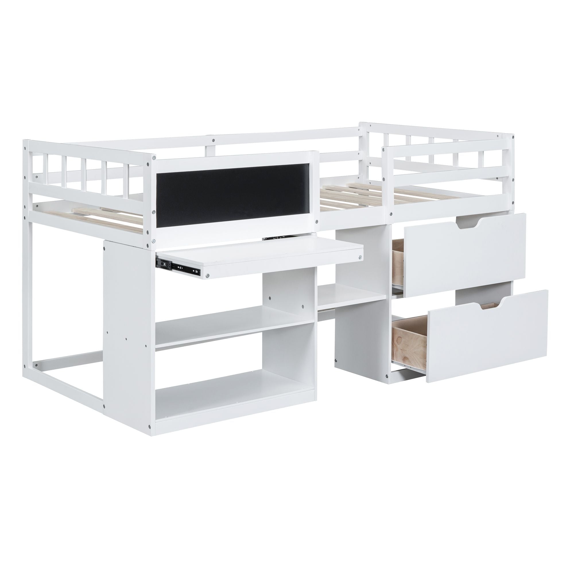 Twin Low Loft Wood Bed with Rolling Desk, Shelves, and Drawers in White, Gray, or Espresso | Just Better Bunk Beds