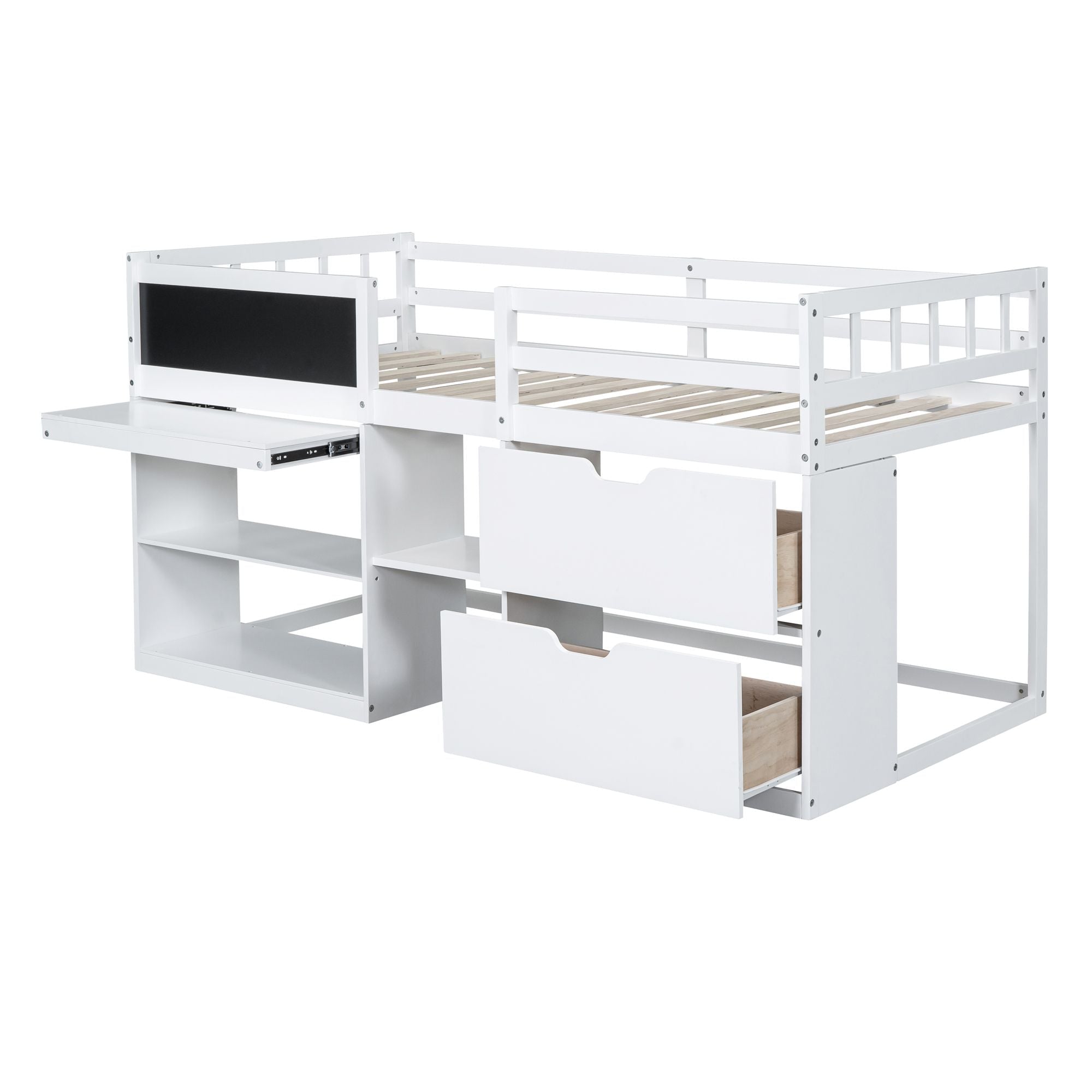 Twin Low Loft Wood Bed with Rolling Desk, Shelves, and Drawers in White, Gray, or Espresso | Just Better Bunk Beds