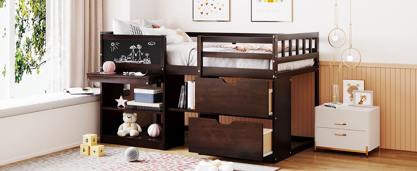 Twin Low Loft Wood Bed with Rolling Desk, Shelves, and Drawers in White, Gray, or Espresso | Just Better Bunk Beds