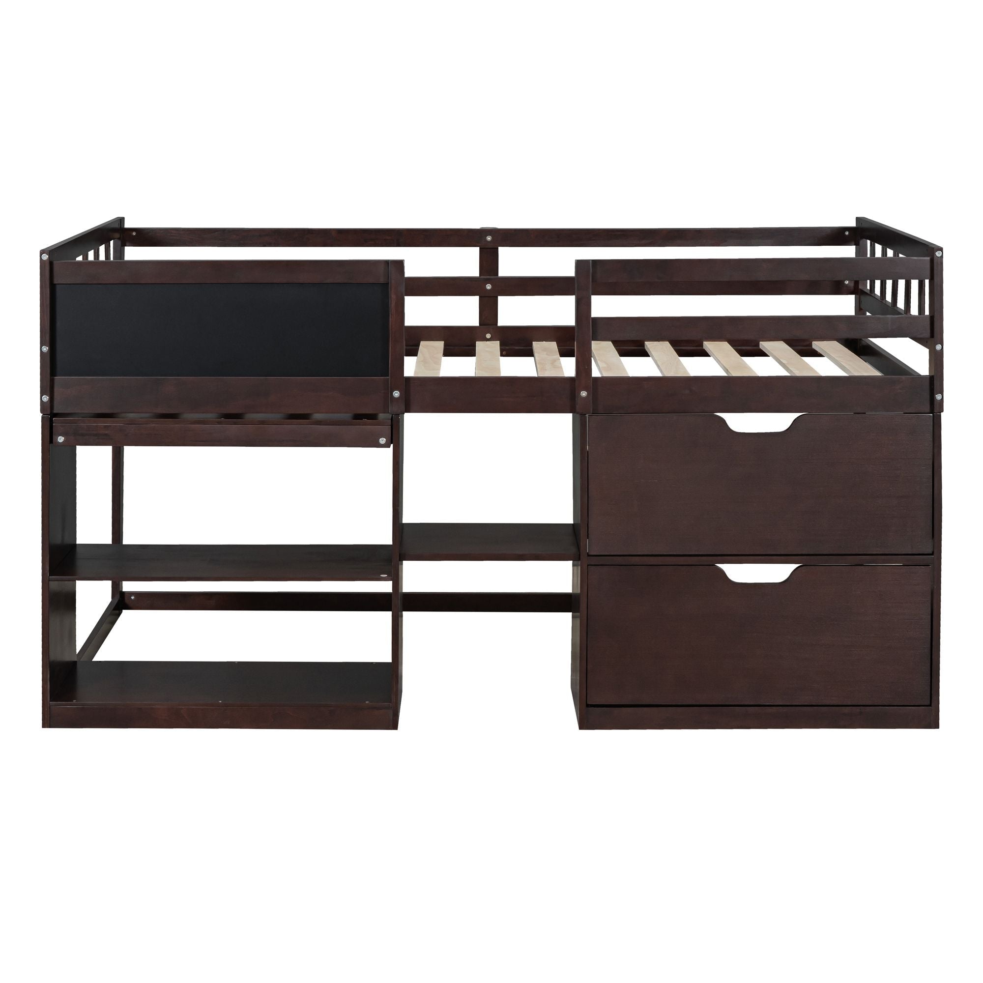 Twin Low Loft Wood Bed with Rolling Desk, Shelves, and Drawers in White, Gray, or Espresso | Just Better Bunk Beds