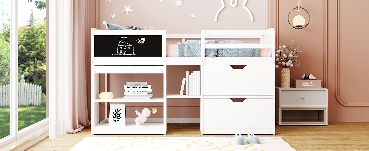 Twin Low Loft Wood Bed with Rolling Desk, Shelves, and Drawers in White, Gray, or Espresso | Just Better Bunk Beds