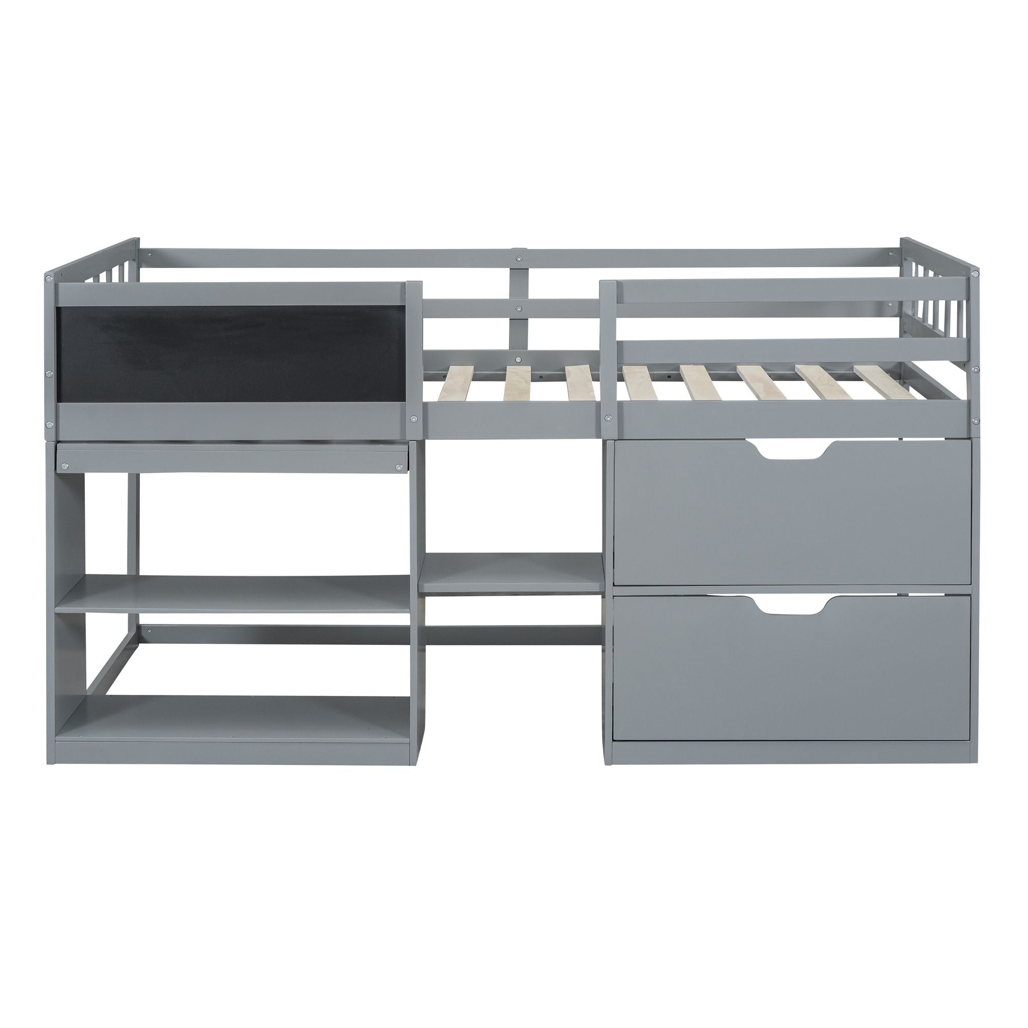 Twin Low Loft Wood Bed with Rolling Desk, Shelves, and Drawers in White, Gray, or Espresso | Just Better Bunk Beds