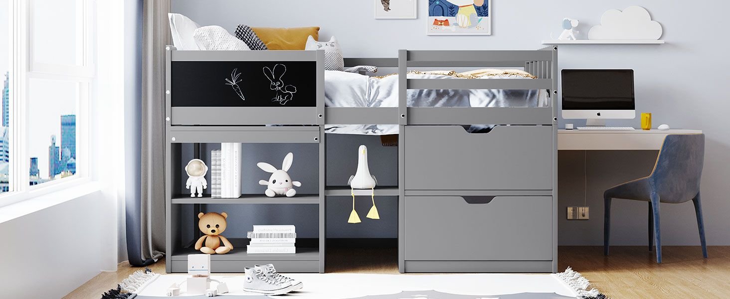 Twin Low Loft Wood Bed with Rolling Desk, Shelves, and Drawers in White, Gray, or Espresso | Just Better Bunk Beds