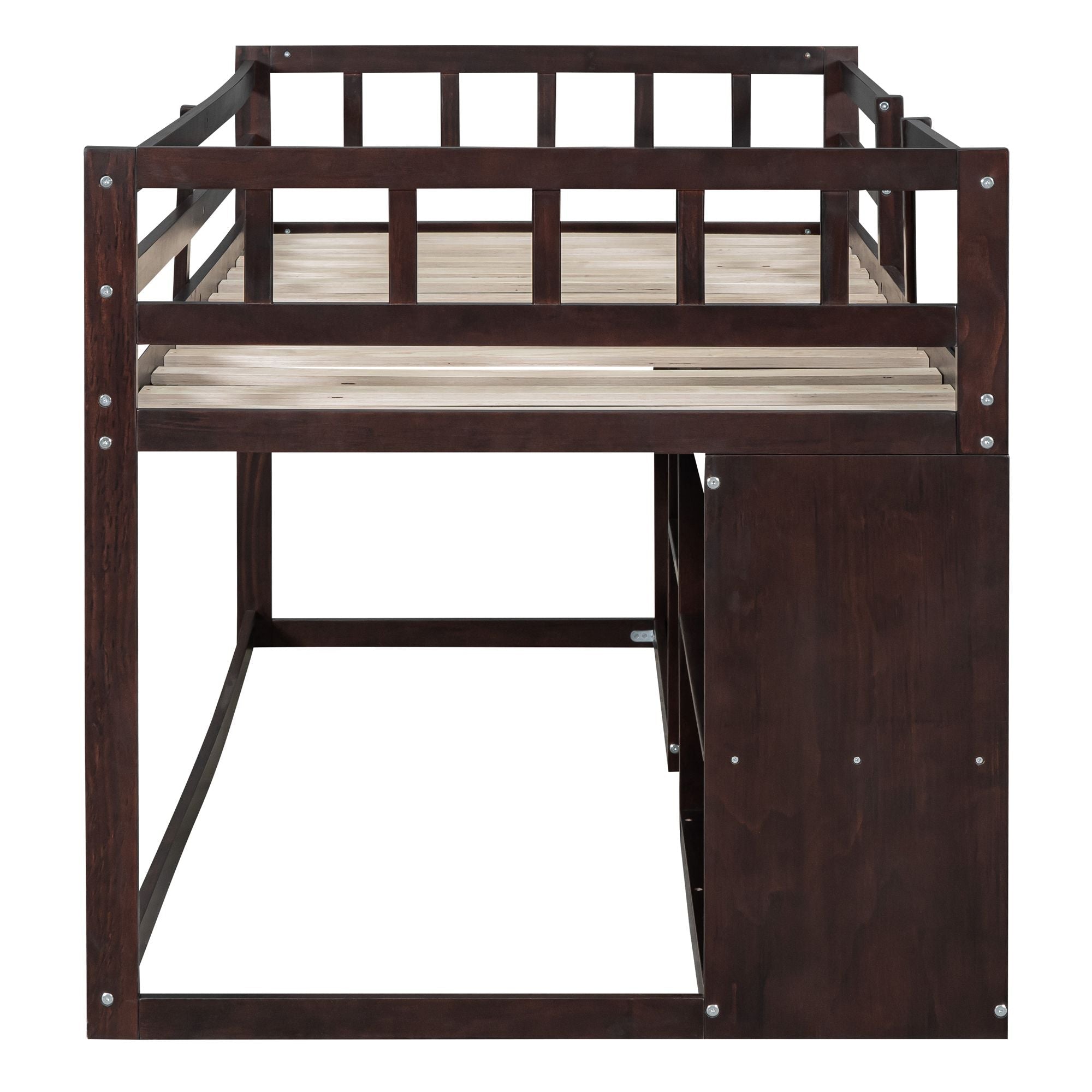 Twin Low Loft Wood Bed with Rolling Desk, Shelves, and Drawers in White, Gray, or Espresso | Just Better Bunk Beds