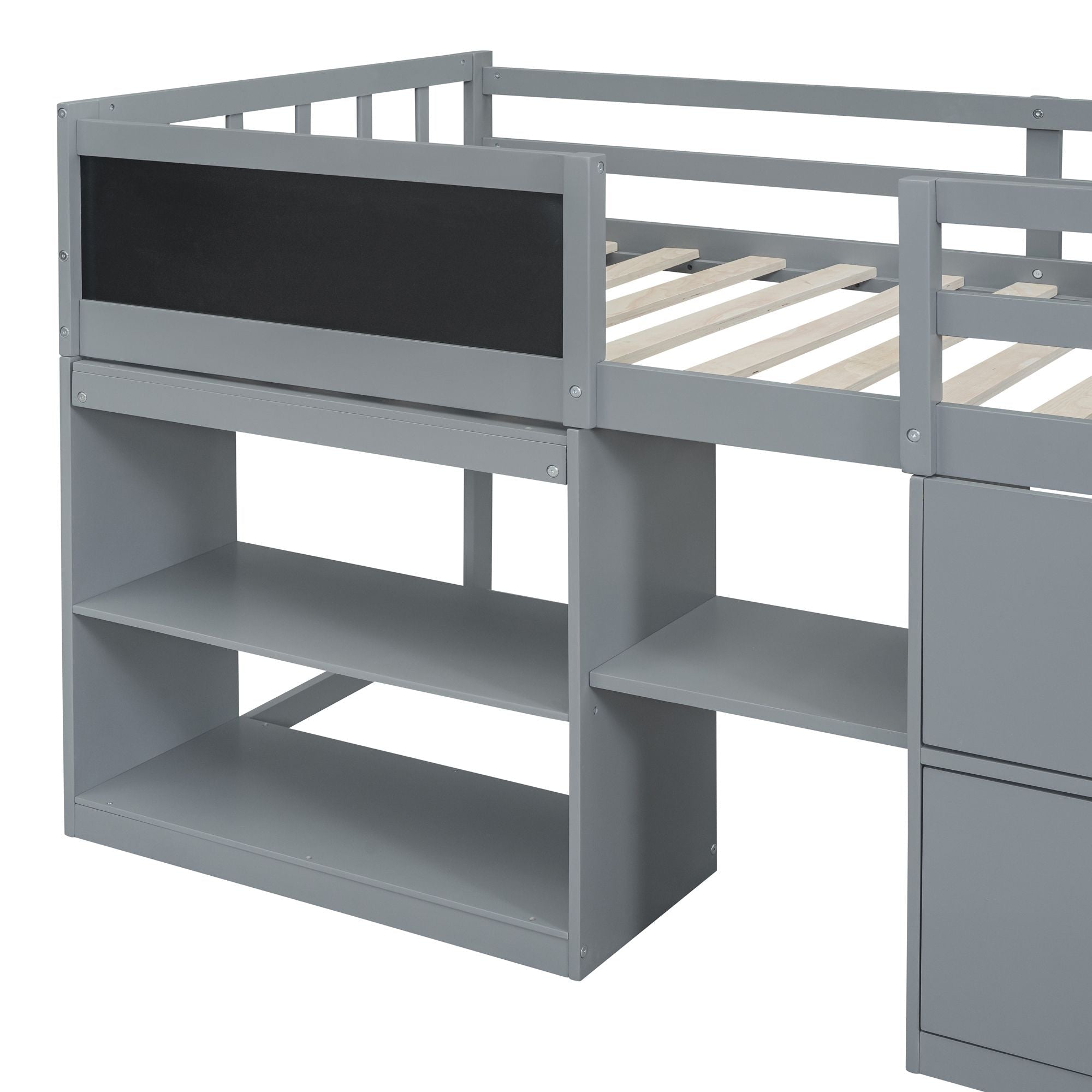 Twin Low Loft Wood Bed with Rolling Desk, Shelves, and Drawers in White, Gray, or Espresso | Just Better Bunk Beds