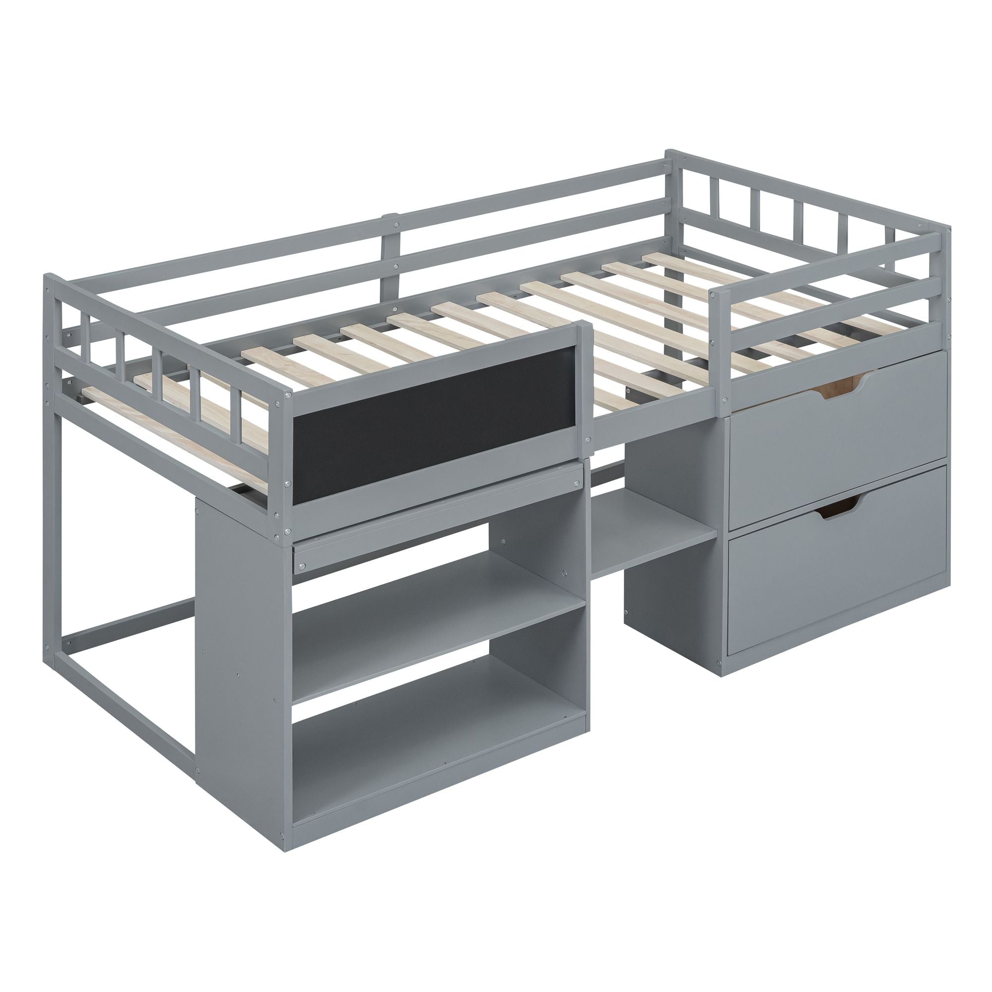 Twin Low Loft Wood Bed with Rolling Desk, Shelves, and Drawers in White, Gray, or Espresso | Just Better Bunk Beds