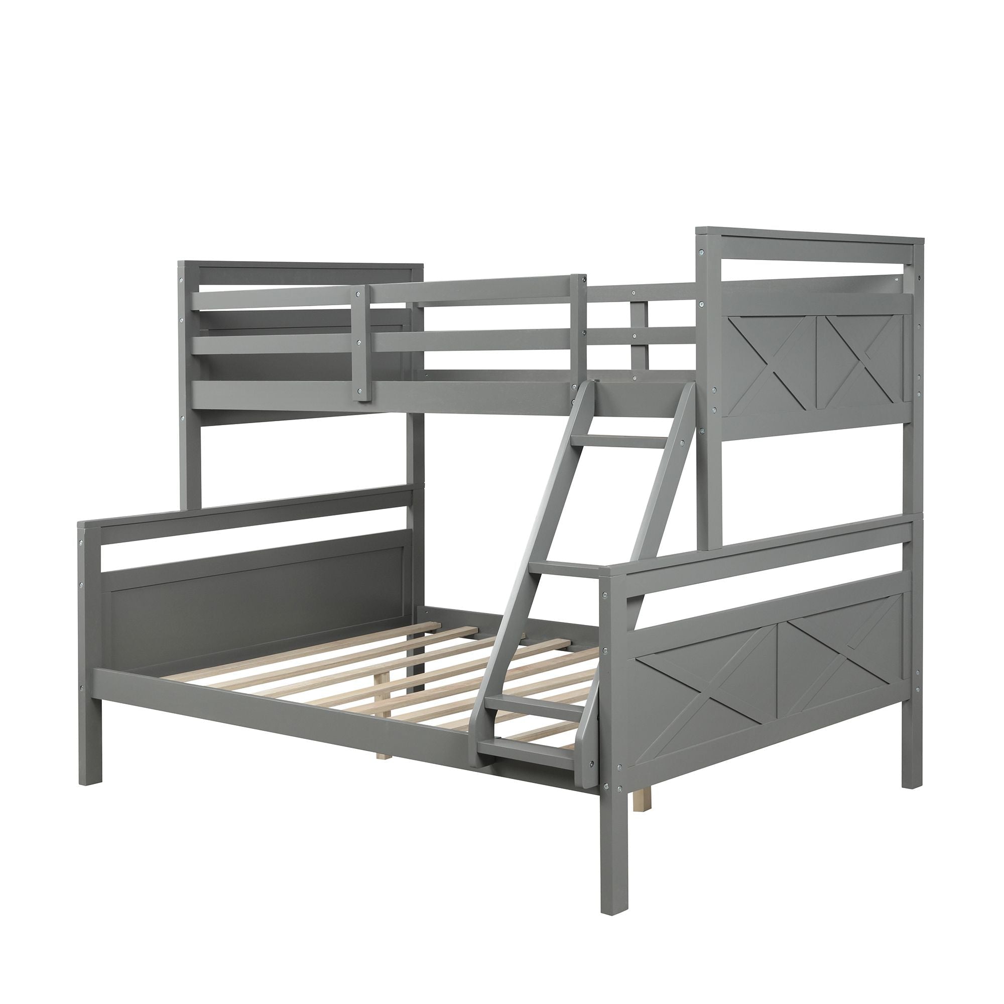 Twin over Full Wood Bunk Bed with Safety Guardrails and Ladder, Gray Finish | Just Better Bunk Beds