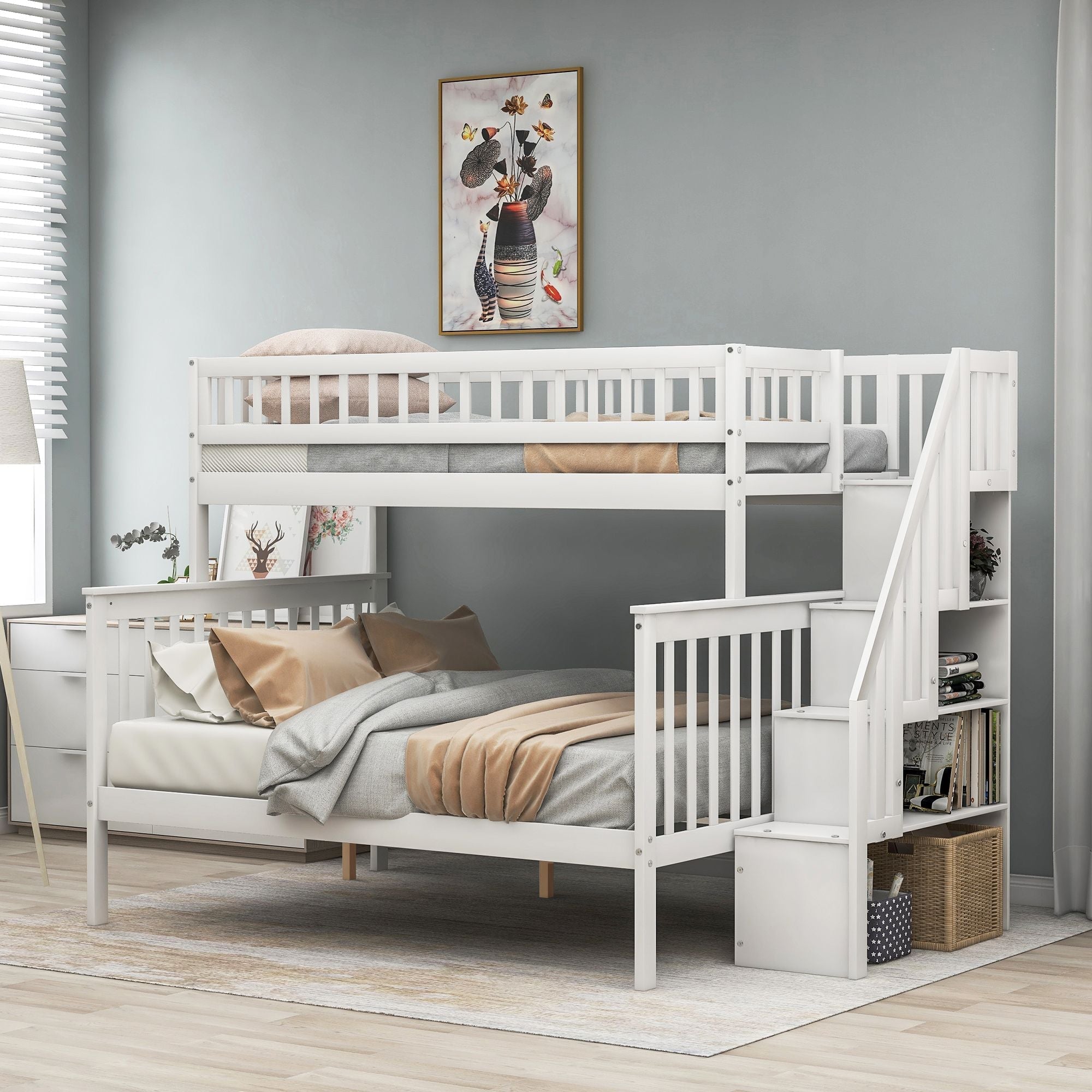 Twin over Full Wood Bunk Bed with Staircase Storage Drawers, White or Gray | Just Better Bunk Beds