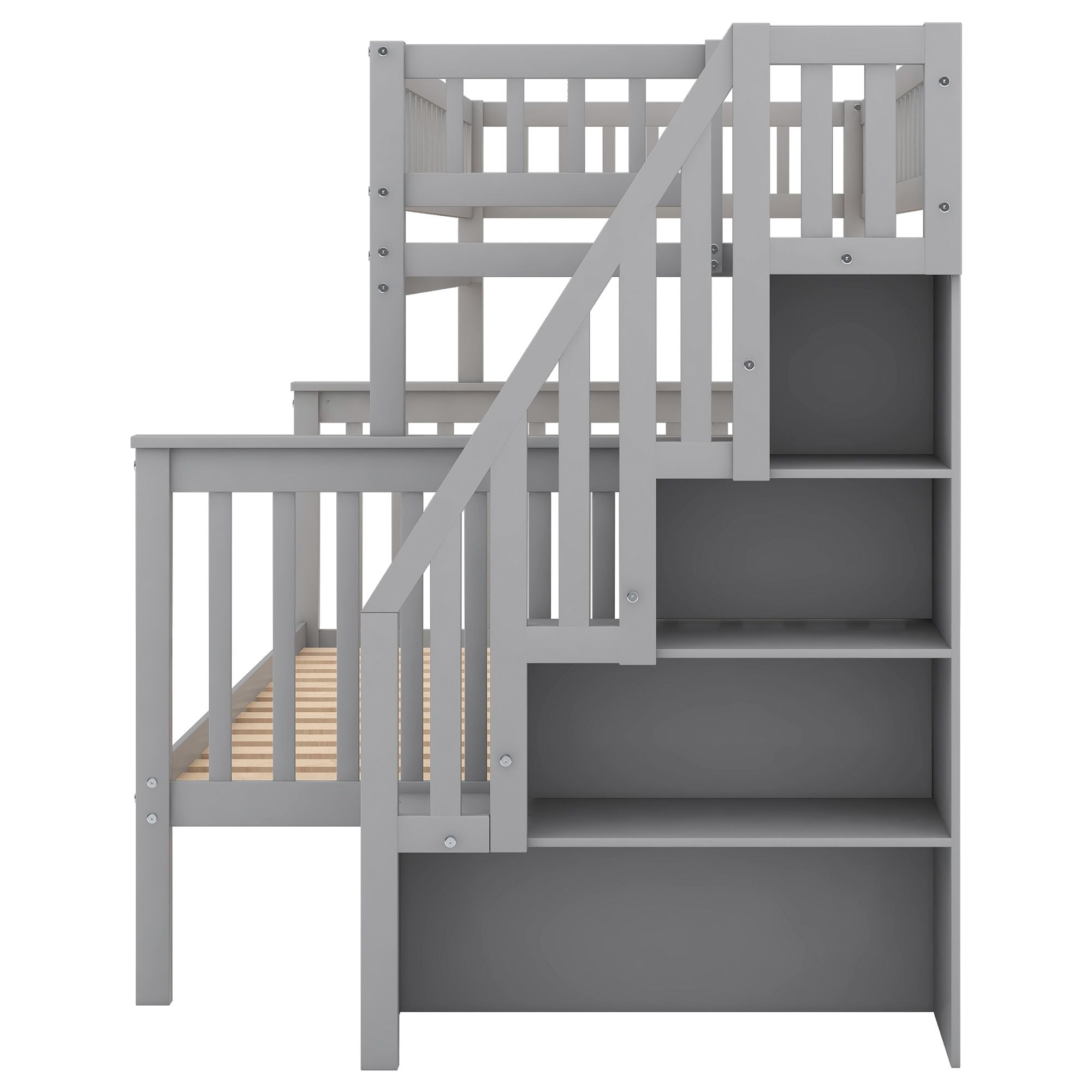 Twin over Full Wood Bunk Bed with Staircase Storage Drawers, White or Gray | Just Better Bunk Beds