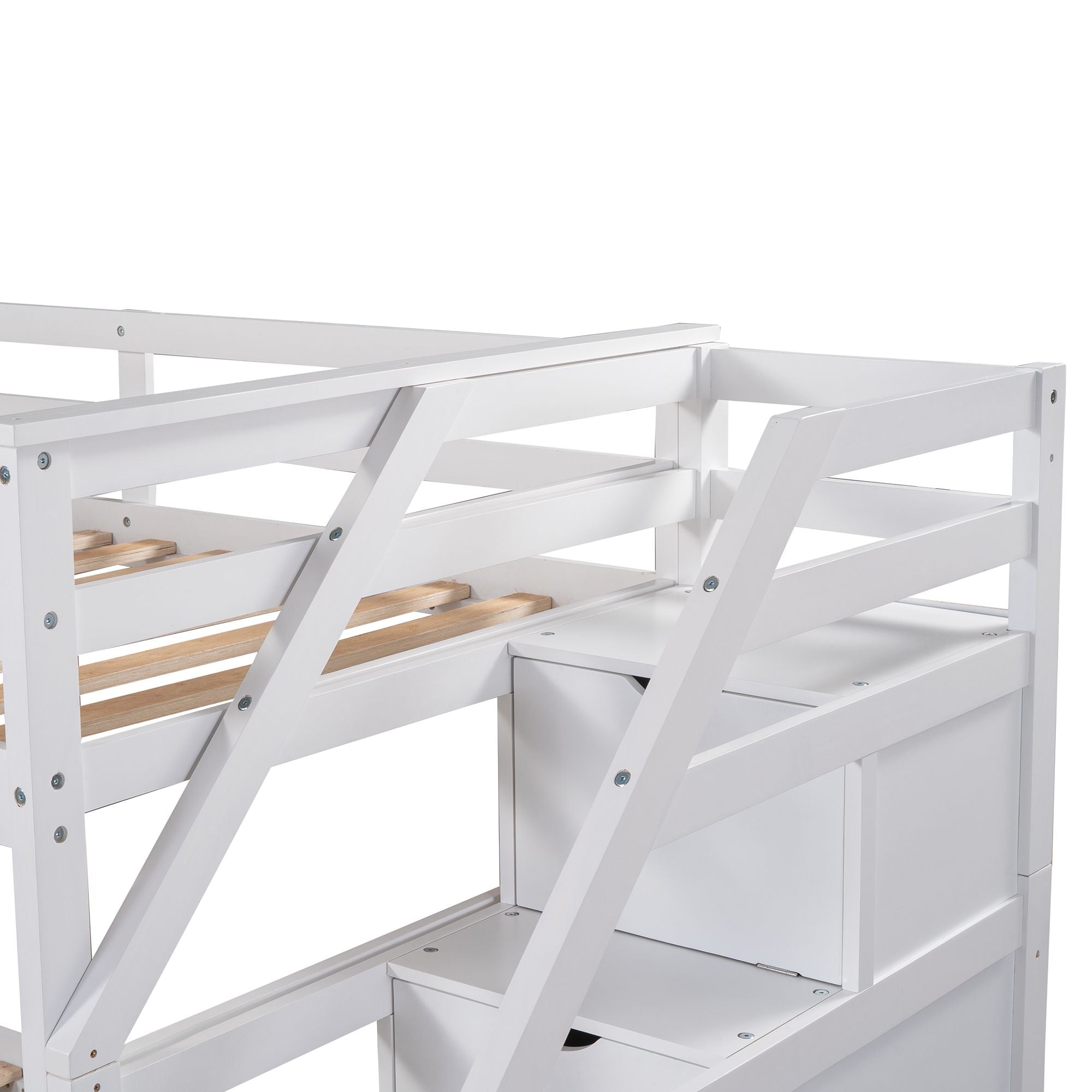 Twin-Over-Twin Bunk Bed with Trundle and 3 Storage Stairs Wood Frame in White | Just Better Bunk Beds