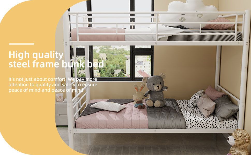 Twin Over Twin Metal Bunk Bed with Convertible Design, Ladder, Guardrails | Just Better Bunk Beds