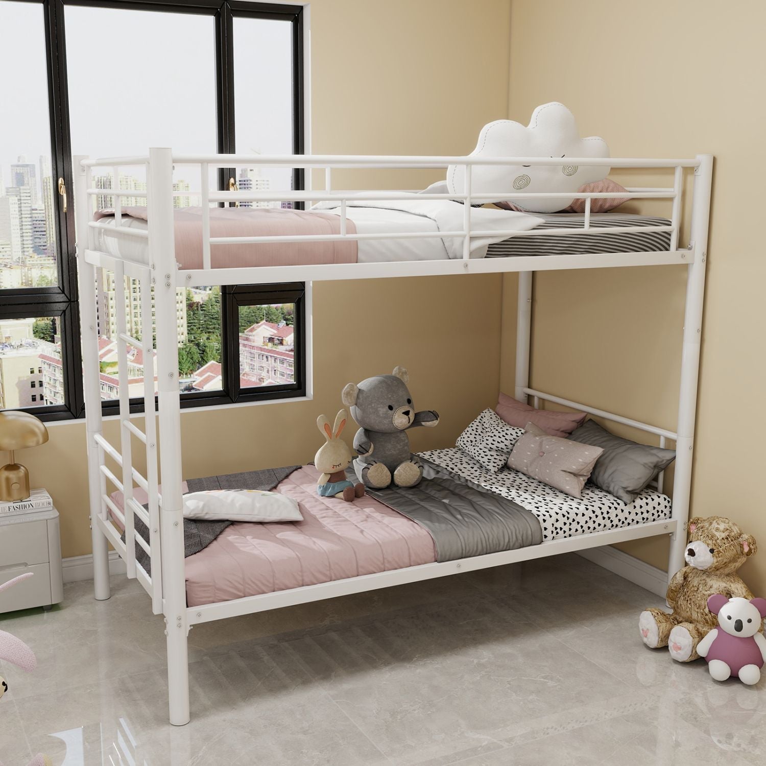 Twin Over Twin Metal Bunk Bed with Convertible Design, Ladder, Guardrails | Just Better Bunk Beds