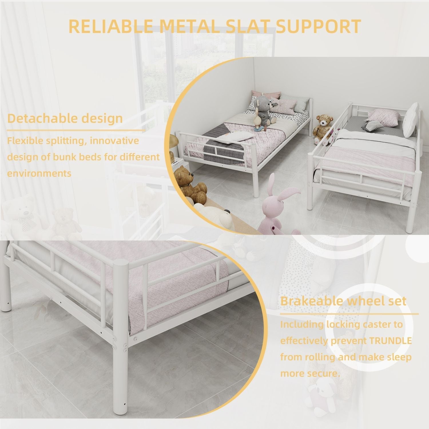 Twin Over Twin Metal Bunk Bed with Convertible Design, Ladder, Guardrails | Just Better Bunk Beds