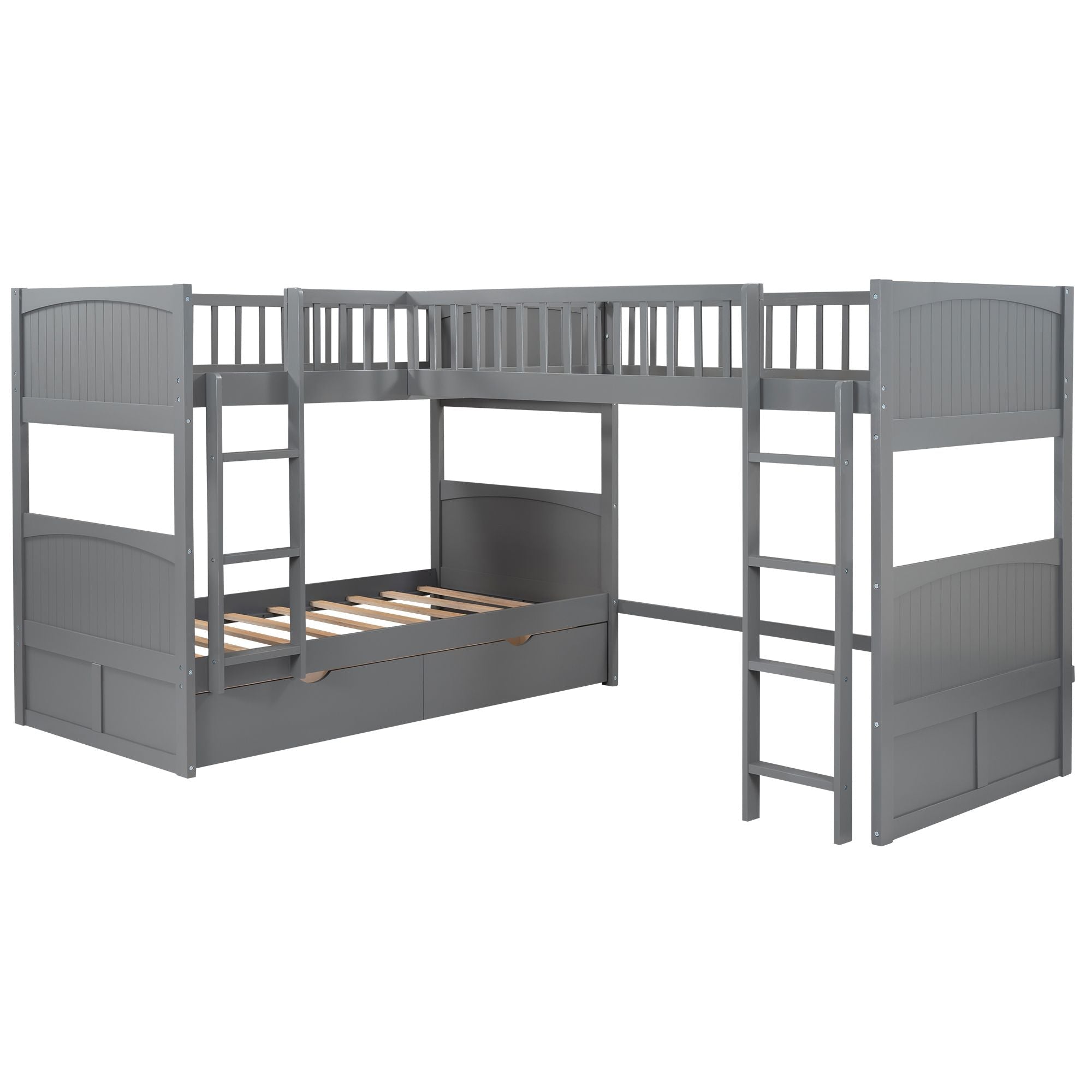 Twin Over Twin Wood Bunk Bed with Loft and Two Drawers, Gray Pine Wood | Just Better Bunk Beds