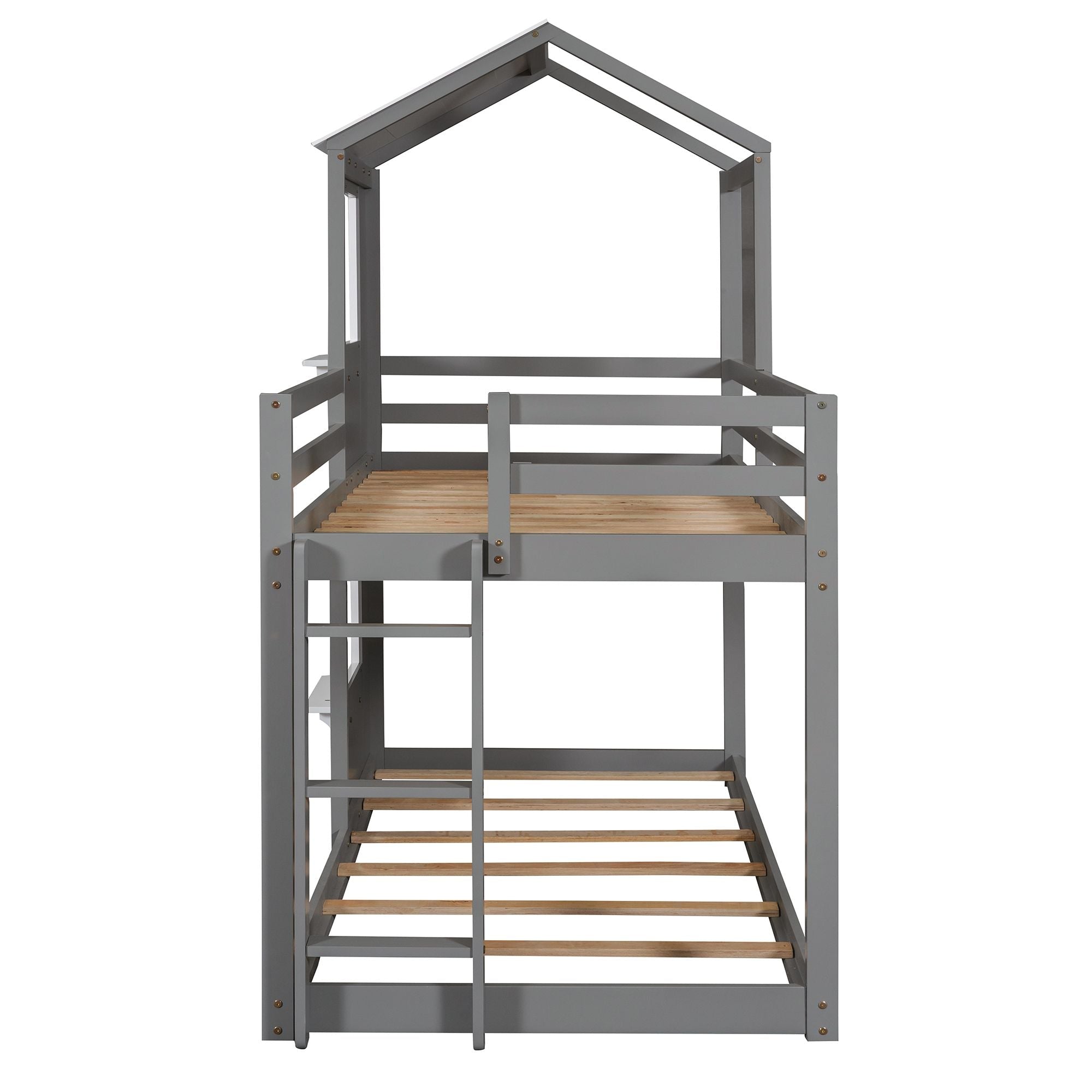 Twin Over Twin Wood Bunk Bed with Roof Playhouse, Window, Guardrails, Ladder in Grey+White | Just Better Bunk Beds