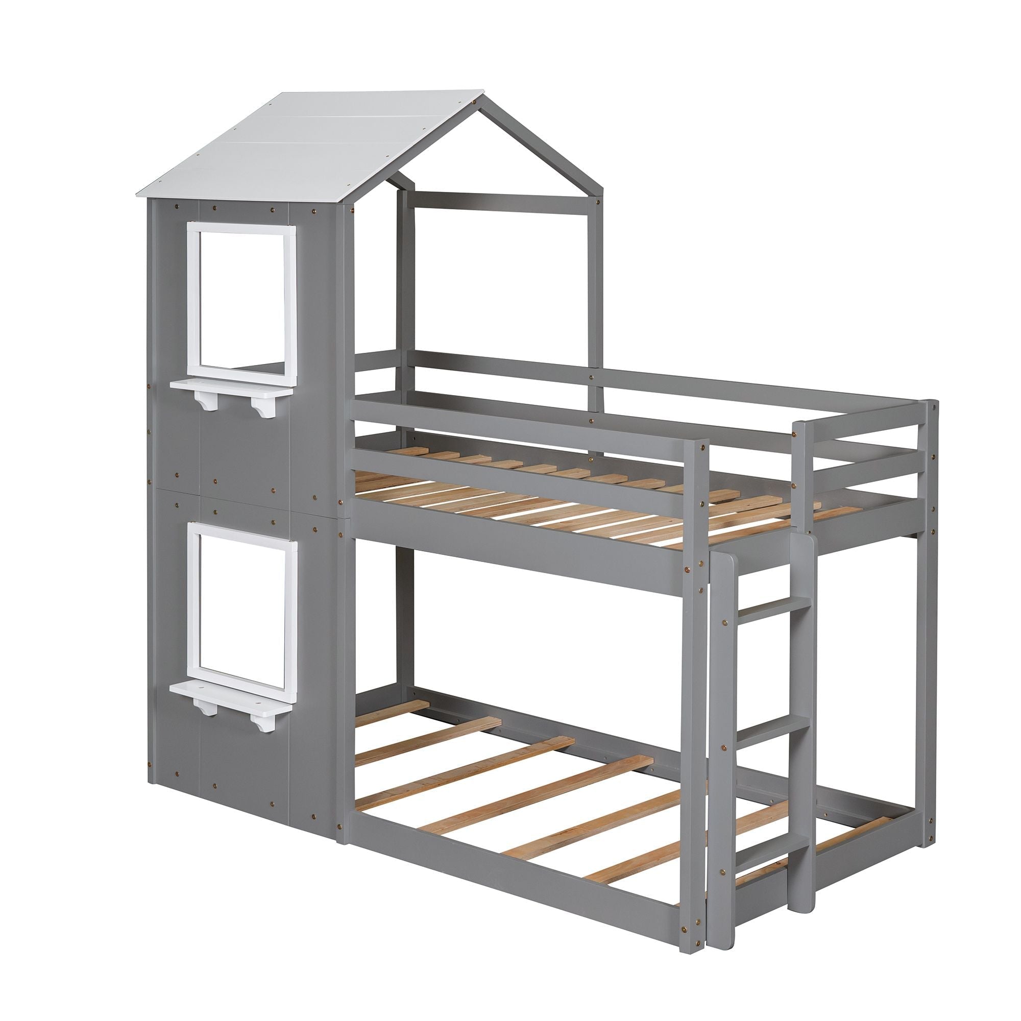 Twin Over Twin Wood Bunk Bed with Roof Playhouse, Window, Guardrails, Ladder in Grey+White | Just Better Bunk Beds