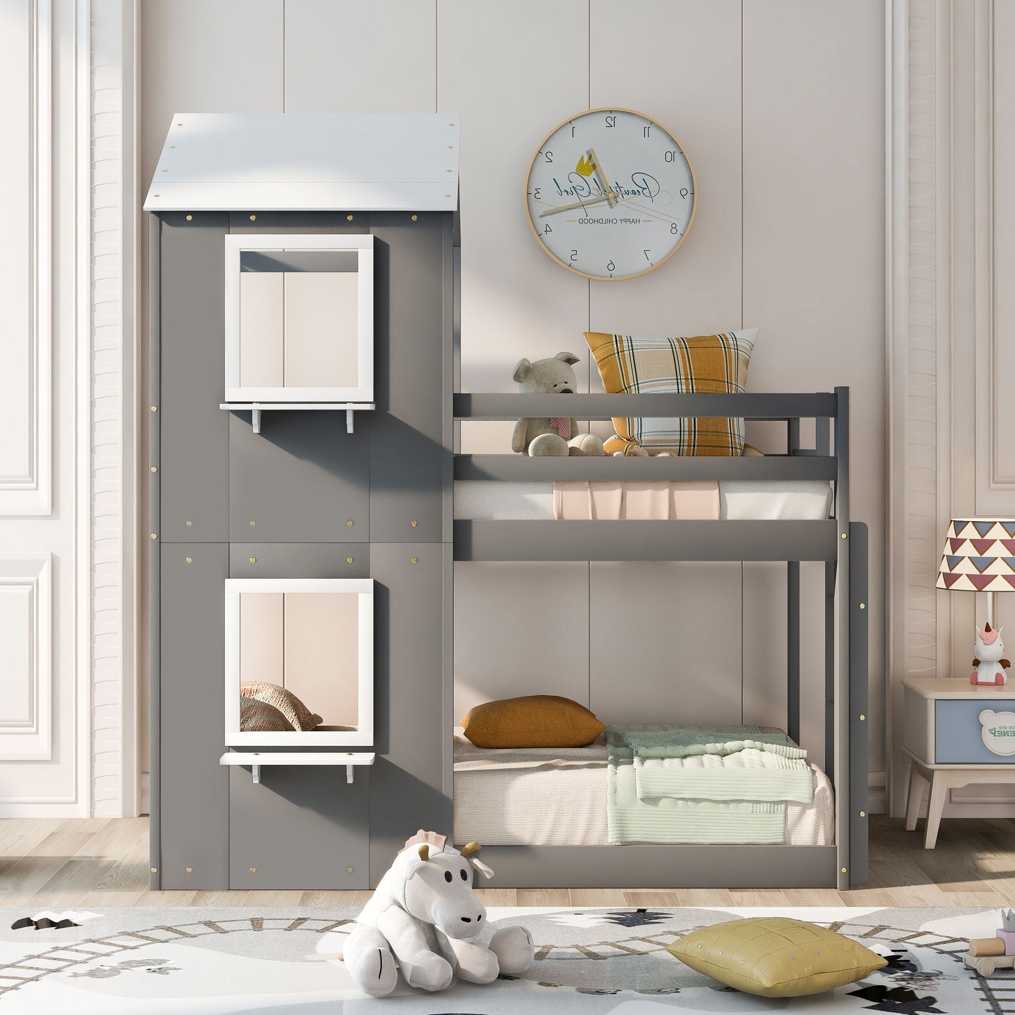 Twin Over Twin Wood Bunk Bed with Roof Playhouse, Window, Guardrails, Ladder in Grey+White | Just Better Bunk Beds