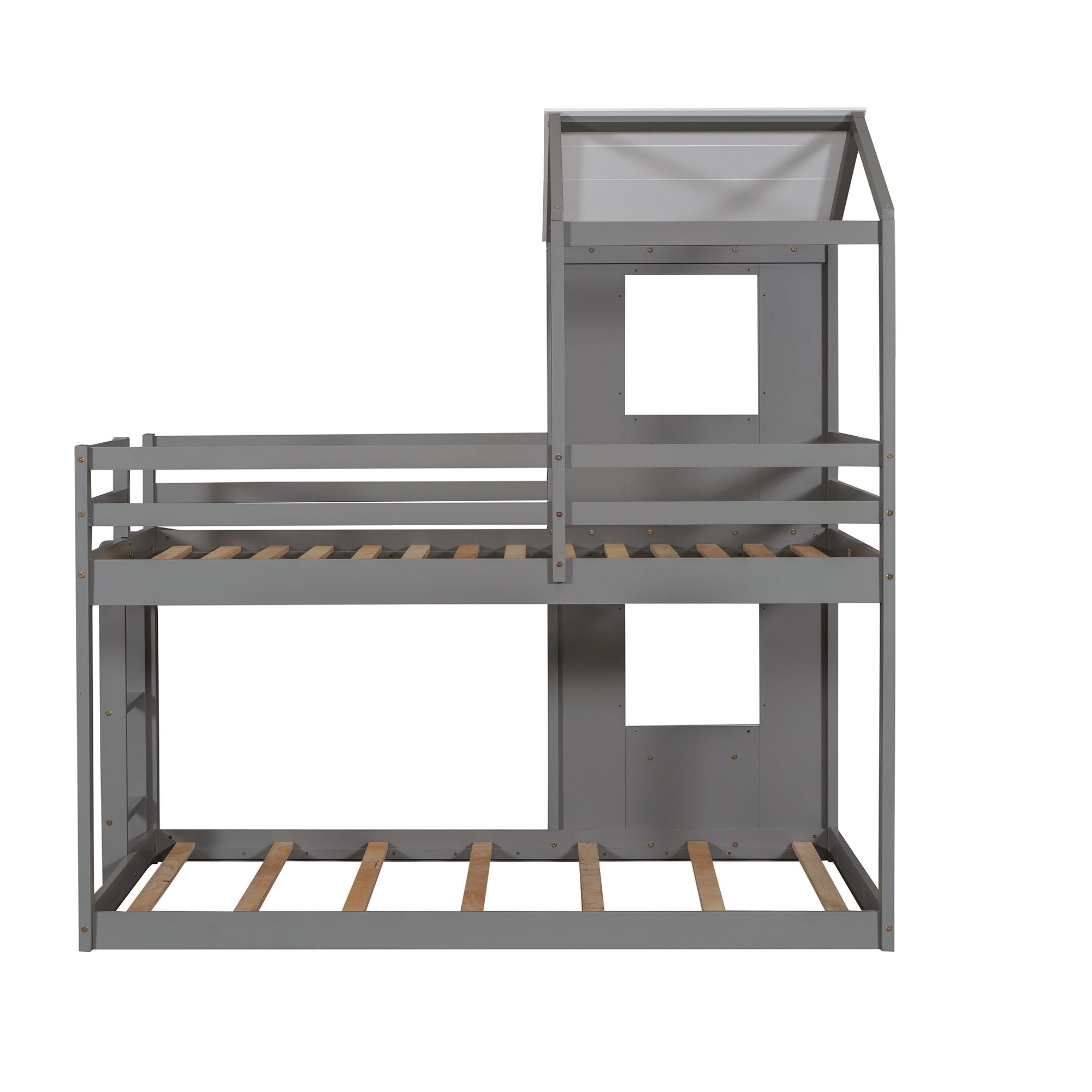 Twin Over Twin Wood Bunk Bed with Roof Playhouse, Window, Guardrails, Ladder in Grey+White | Just Better Bunk Beds