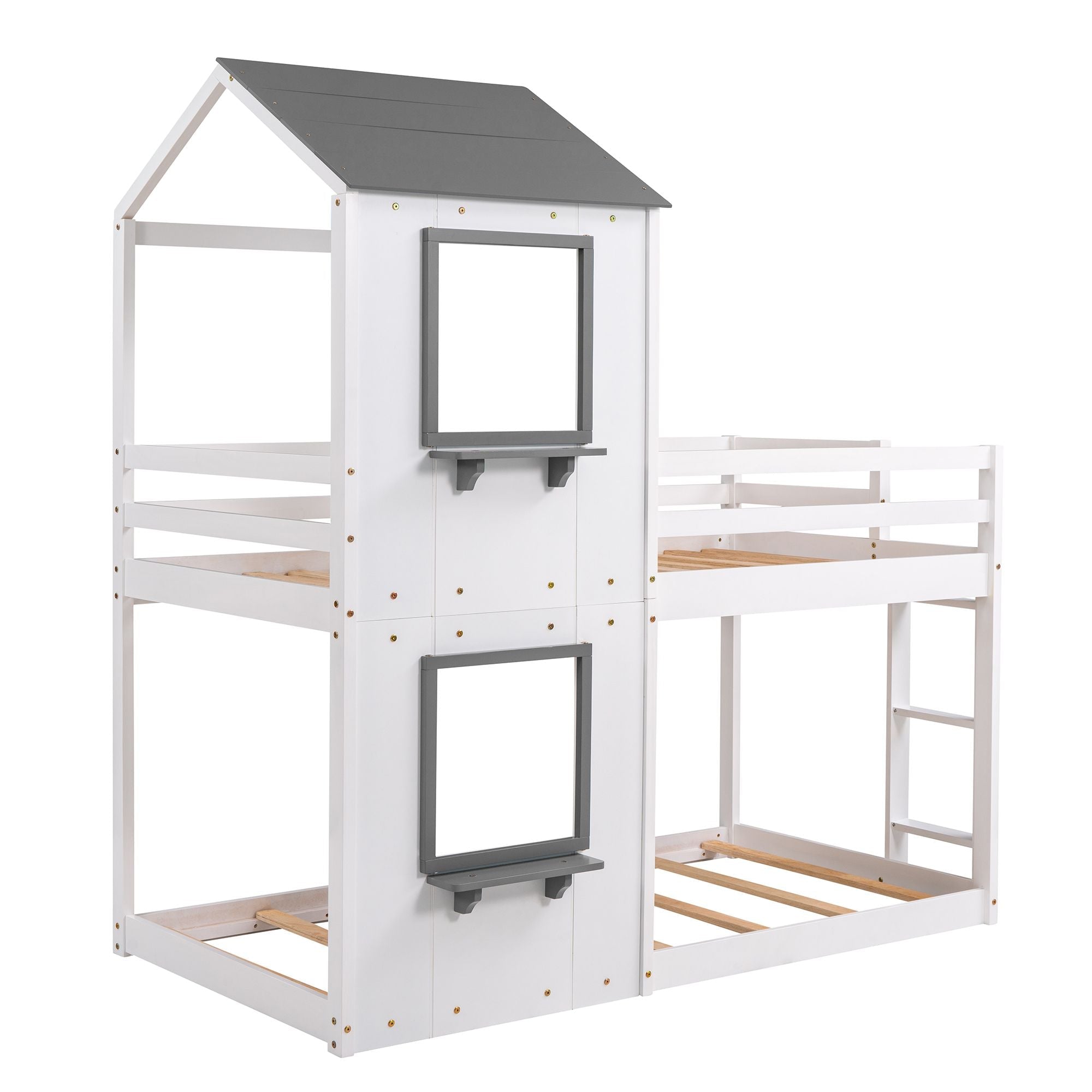 Twin Over Twin Wood Bunk Bed with Roof Playhouse, Window, Guardrails, Ladder in Grey+White | Just Better Bunk Beds