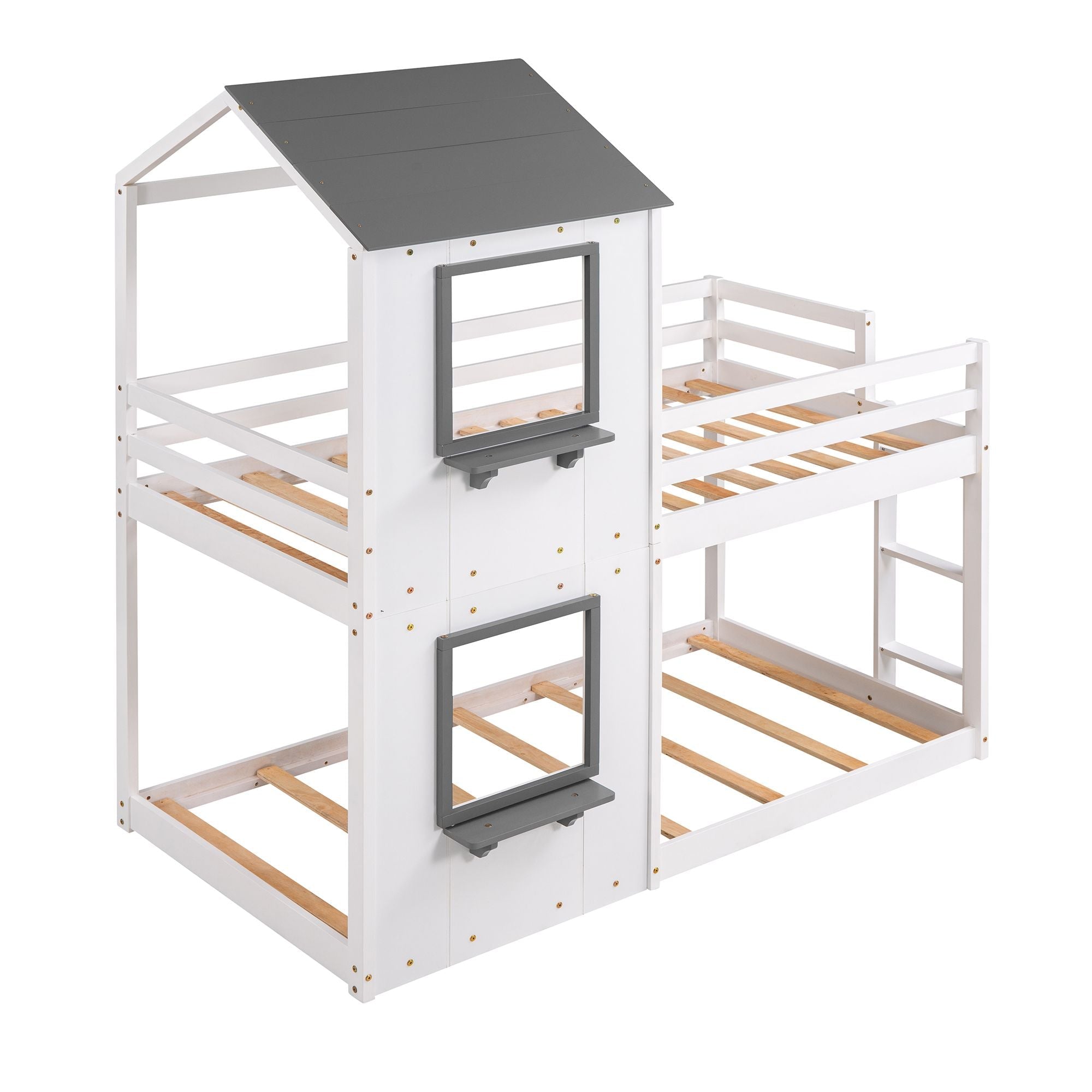 Twin Over Twin Wood Bunk Bed with Roof Playhouse, Window, Guardrails, Ladder in Grey+White | Just Better Bunk Beds