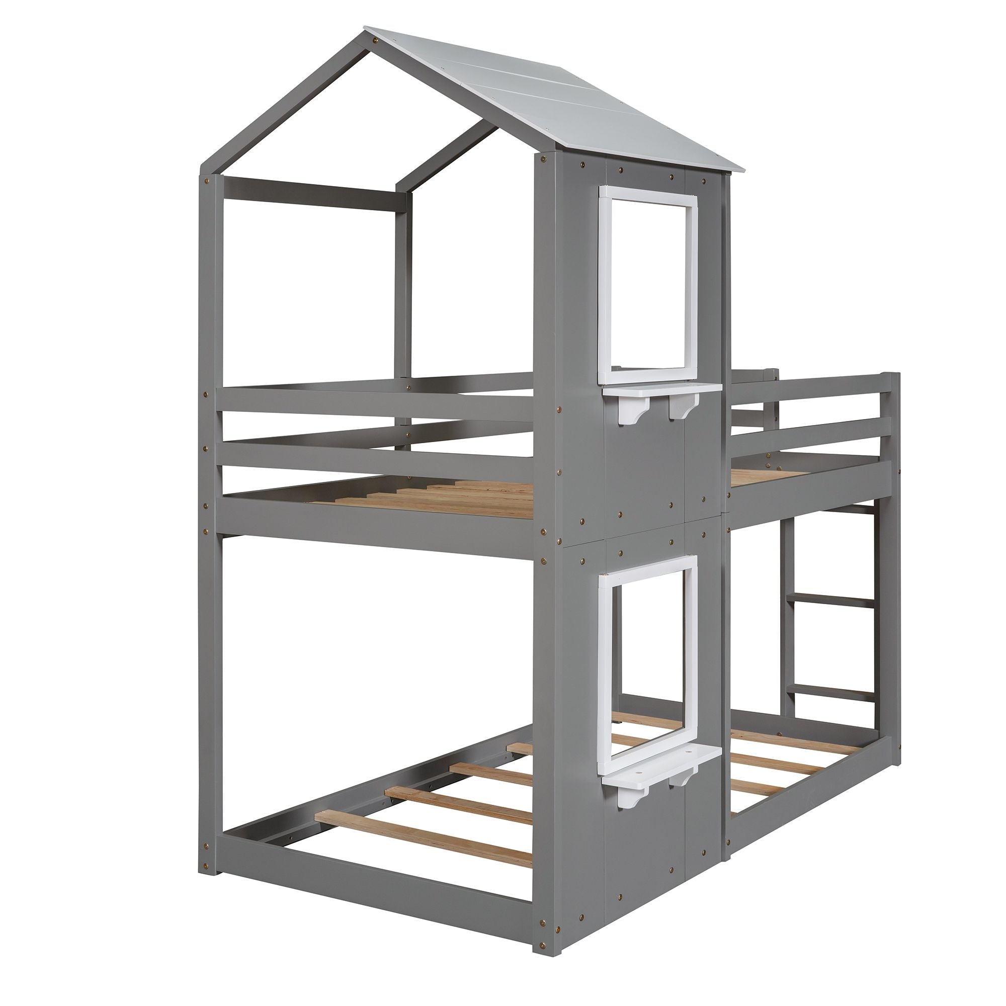 Twin Over Twin Wood Bunk Bed with Roof Playhouse, Window, Guardrails, Ladder in Grey+White | Just Better Bunk Beds