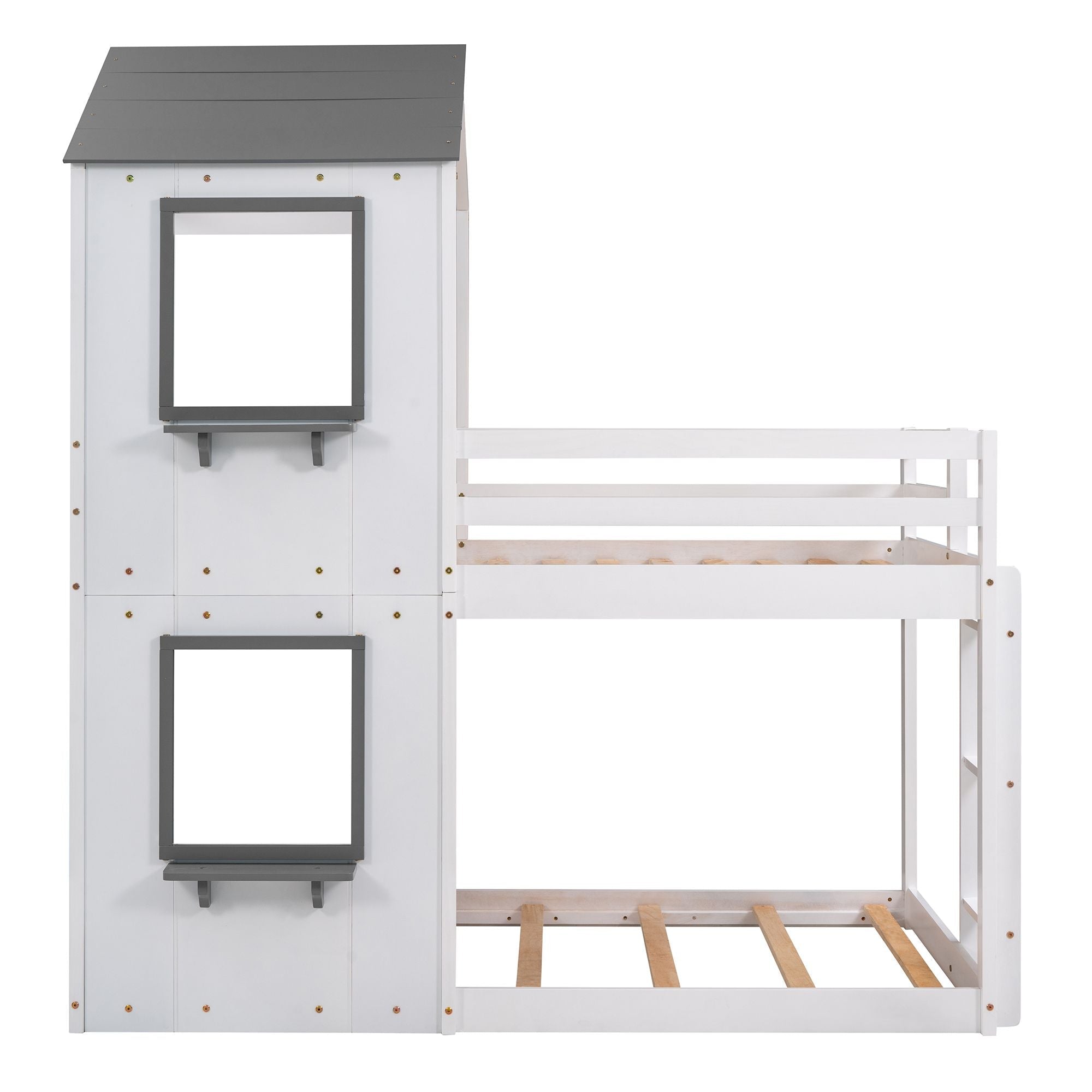 Twin Over Twin Wood Bunk Bed with Roof Playhouse, Window, Guardrails, Ladder in Grey+White | Just Better Bunk Beds
