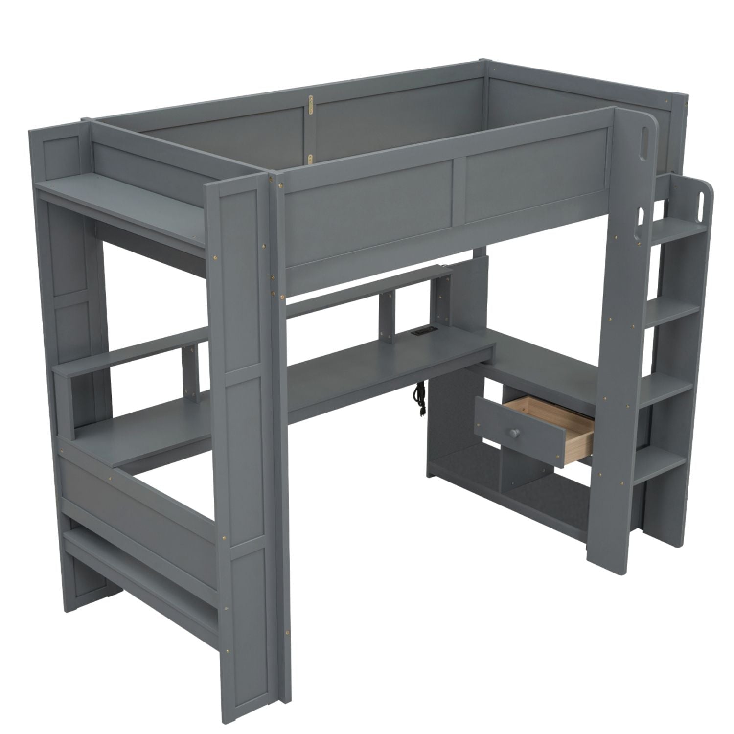 Twin Wood Loft Bed with Desk, Storage Shelves, LED Lighting, Dark Gray | Just Better Bunk Beds