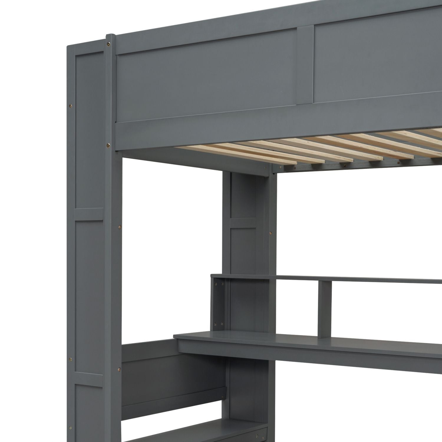 Twin Wood Loft Bed with Desk, Storage Shelves, LED Lighting, Dark Gray | Just Better Bunk Beds