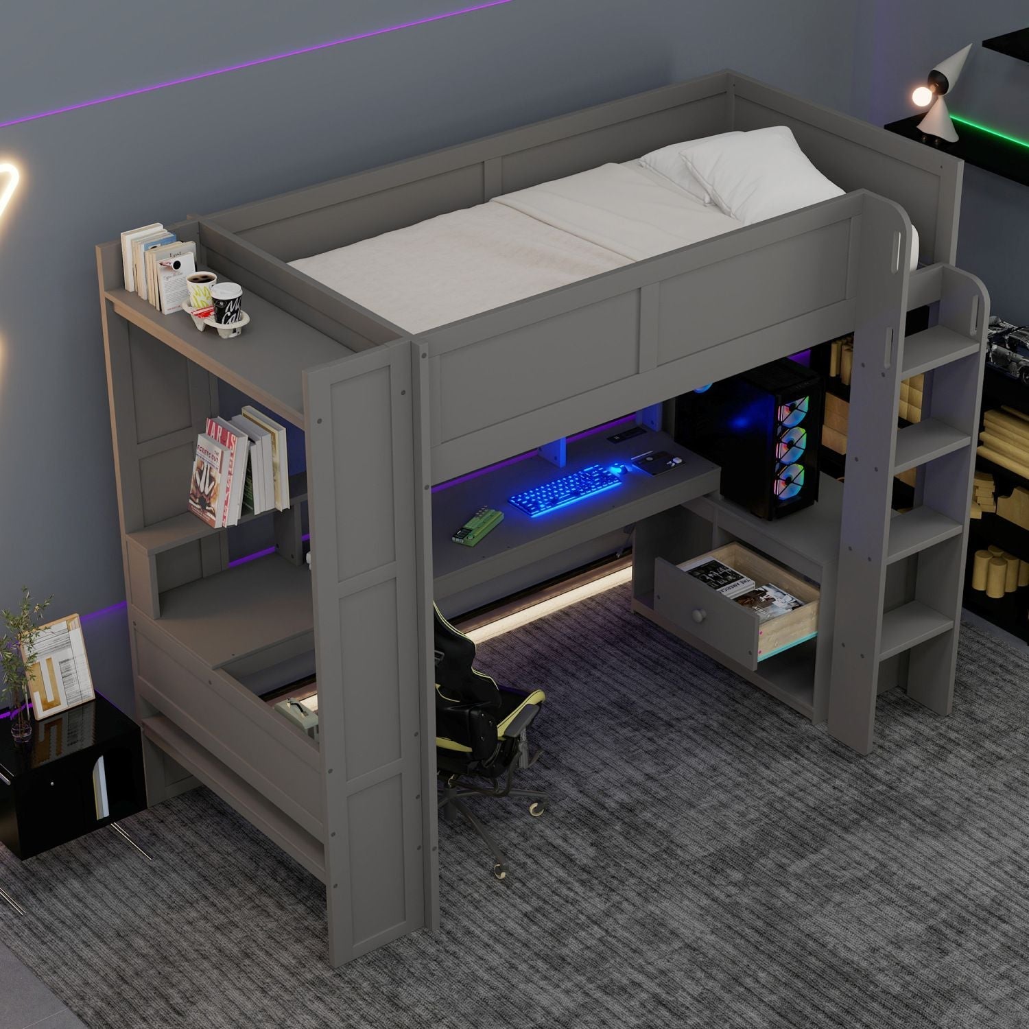 Twin Wood Loft Bed with Desk, Storage Shelves, LED Lighting, Dark Gray | Just Better Bunk Beds