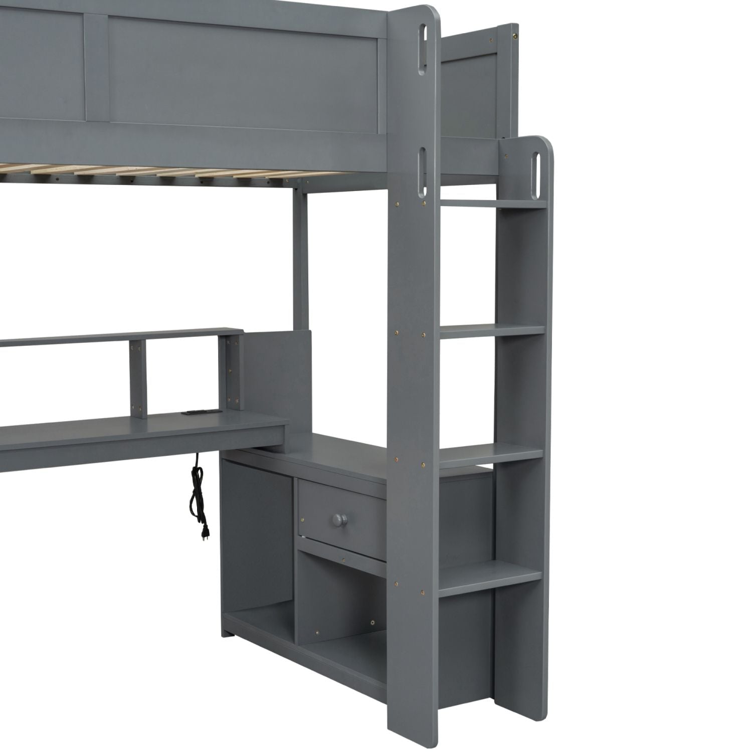 Twin Wood Loft Bed with Desk, Storage Shelves, LED Lighting, Dark Gray | Just Better Bunk Beds