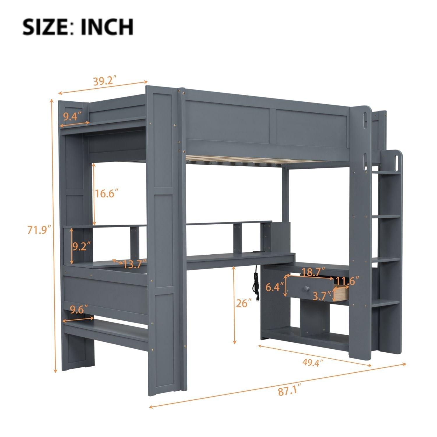 Twin Wood Loft Bed with Desk, Storage Shelves, LED Lighting, Dark Gray | Just Better Bunk Beds