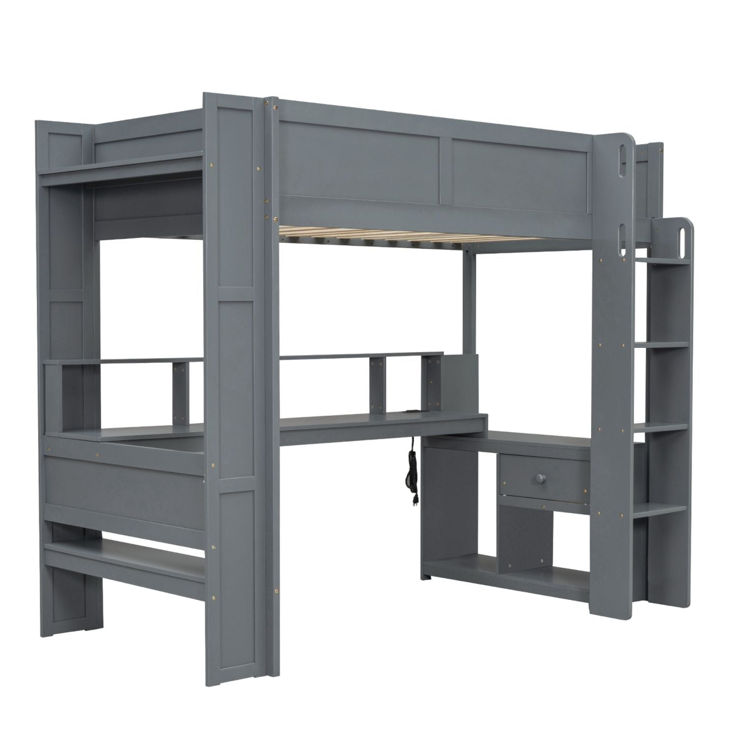 Twin Wood Loft Bed with Desk, Storage Shelves, LED Lighting, Dark Gray | Just Better Bunk Beds