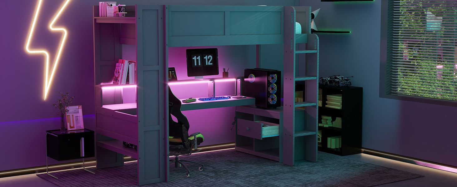 Twin Wood Loft Bed with Desk, Storage Shelves, LED Lighting, Dark Gray | Just Better Bunk Beds