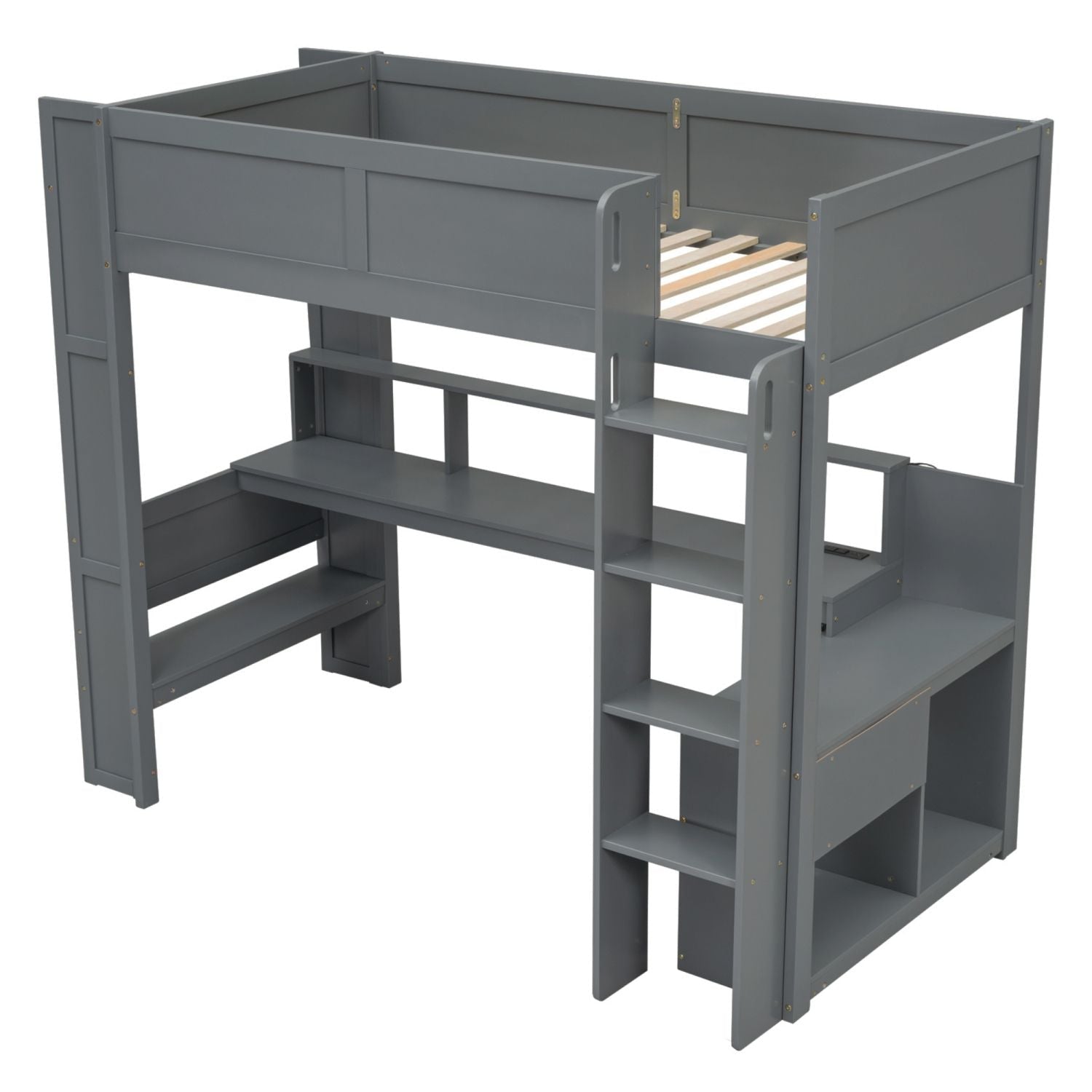 Twin Wood Loft Bed with Desk, Storage Shelves, LED Lighting, Dark Gray | Just Better Bunk Beds