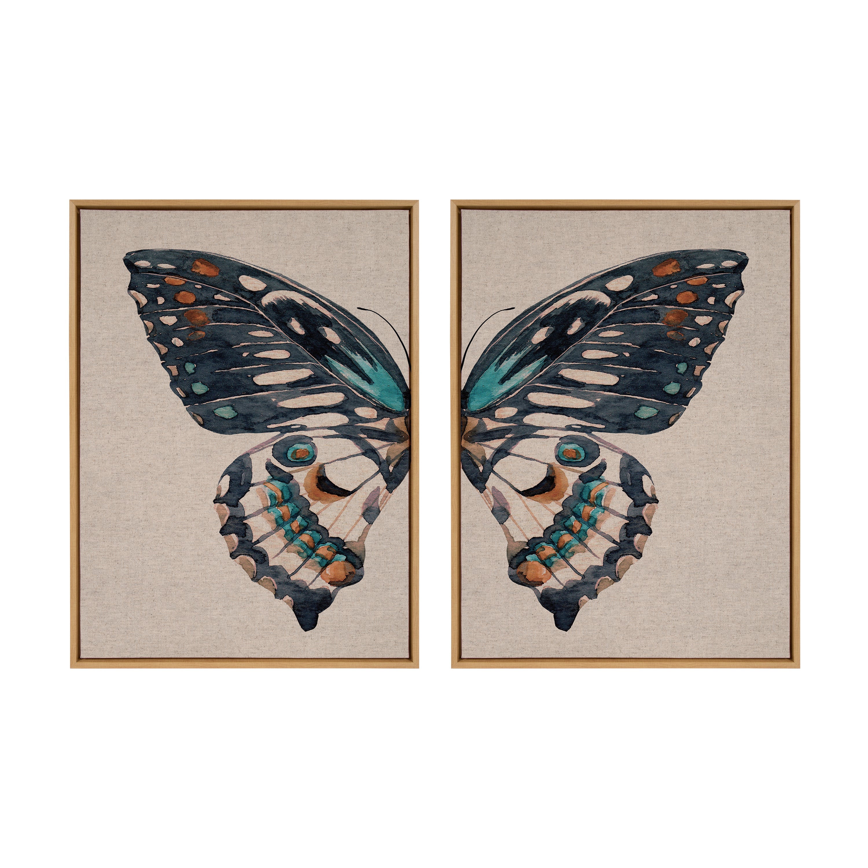 Sylvie Boho Butterfly Watercolor Diptych Neutral Linen Framed Canvas Art Set by The Creative Bunch Studio