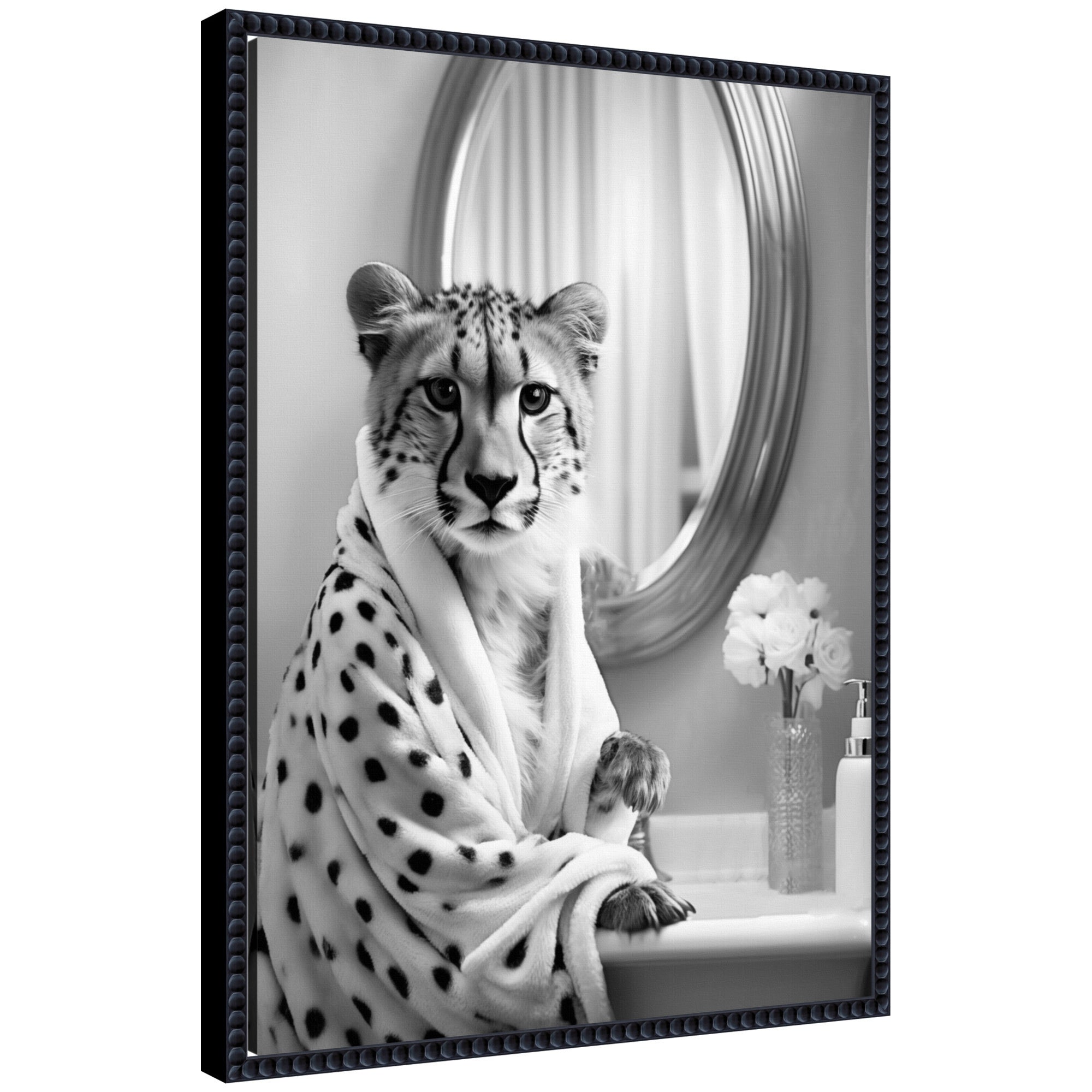 Sylvie Cheetah Glam Bathroom Towel Robe Black and White Framed Canvas by The Creative Bunch Studio