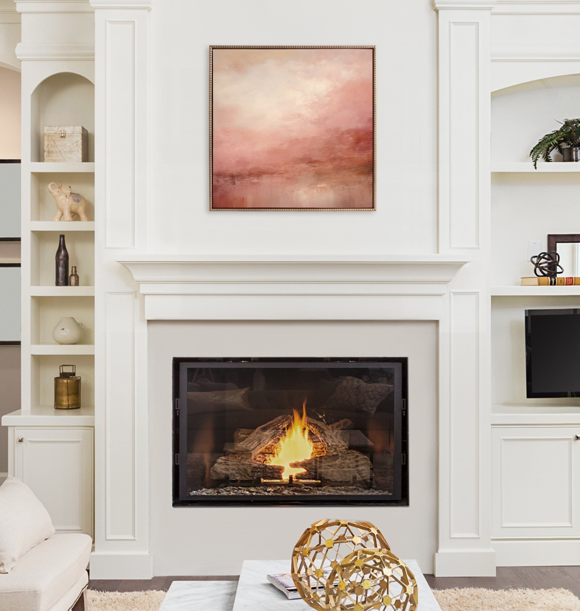 Sylvie Beaded Tonal Abstract Pink Beach Framed Canvas by The Creative Bunch Studio