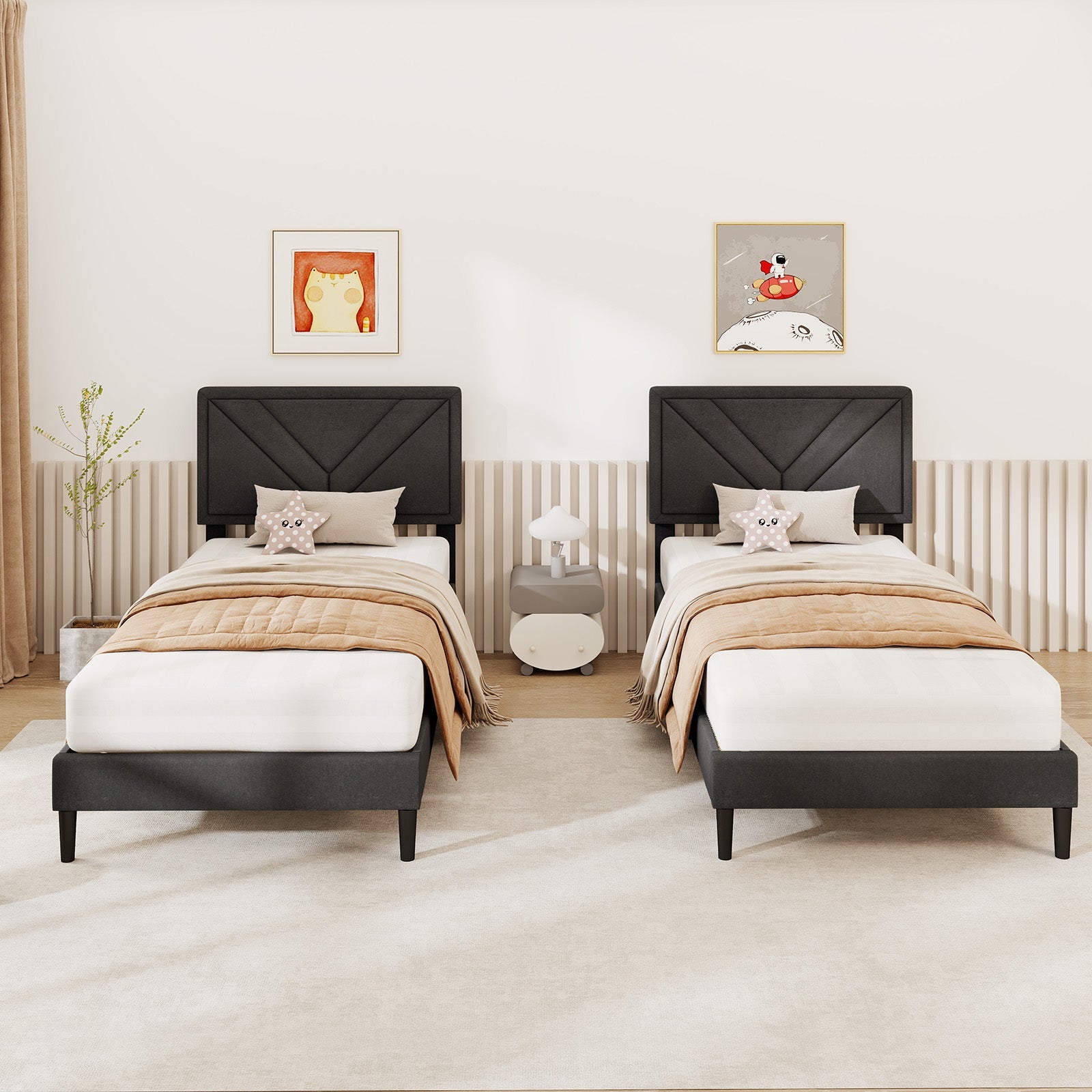 Upholstered Platform Bed with Tufted Headboard and Wooden Slats-Twin Size