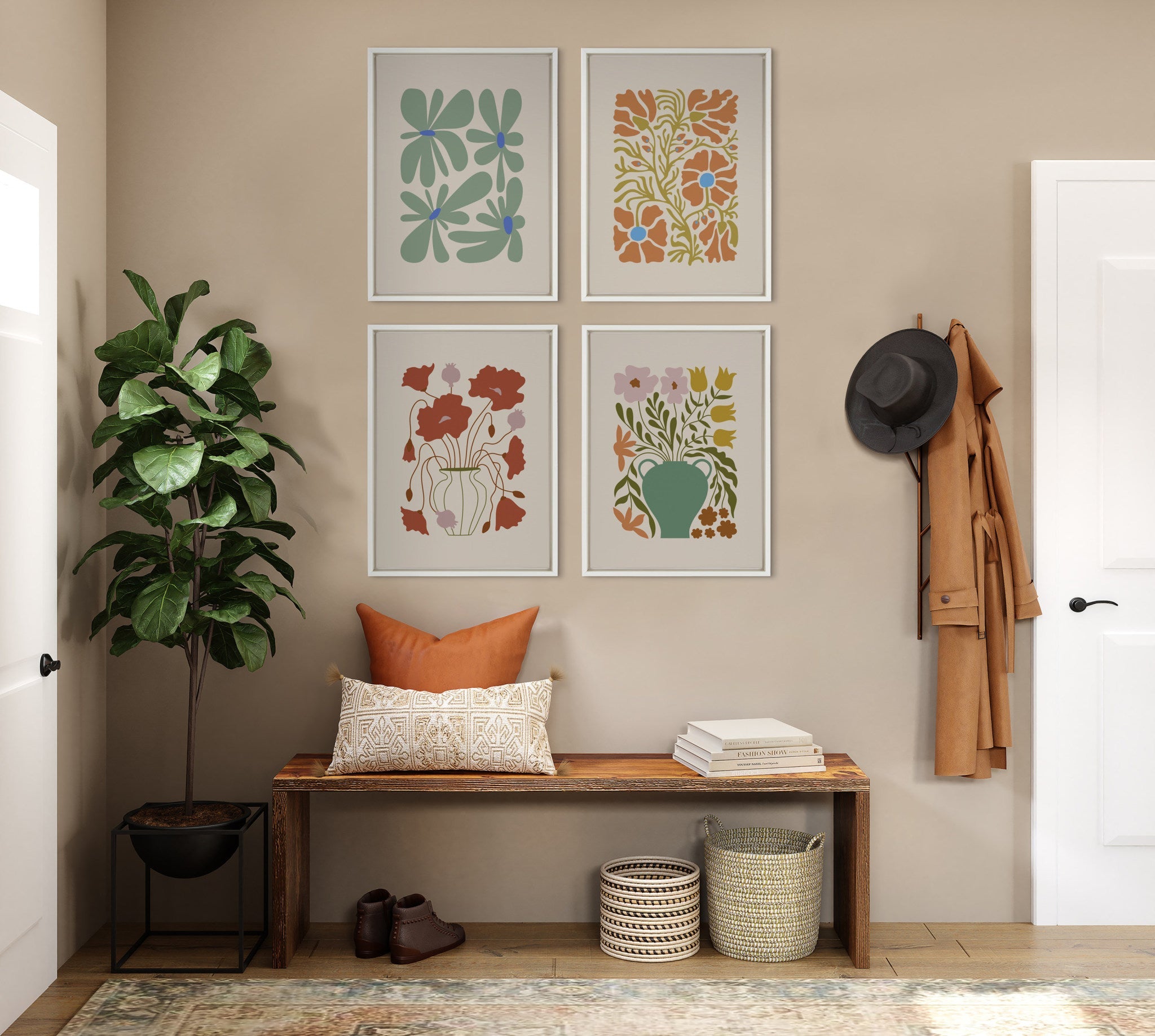 Sylvie Colorful Abstract Retro Floral Groovy Green Framed Canvas by The Creative Bunch Studio