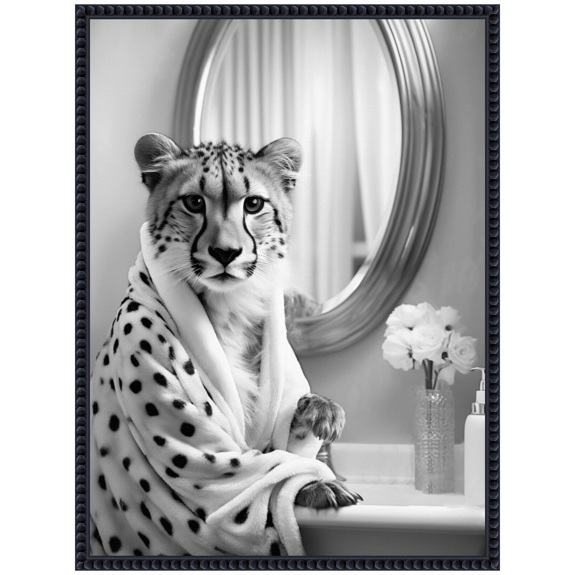 Sylvie Cheetah Glam Bathroom Towel Robe Black and White Framed Canvas by The Creative Bunch Studio