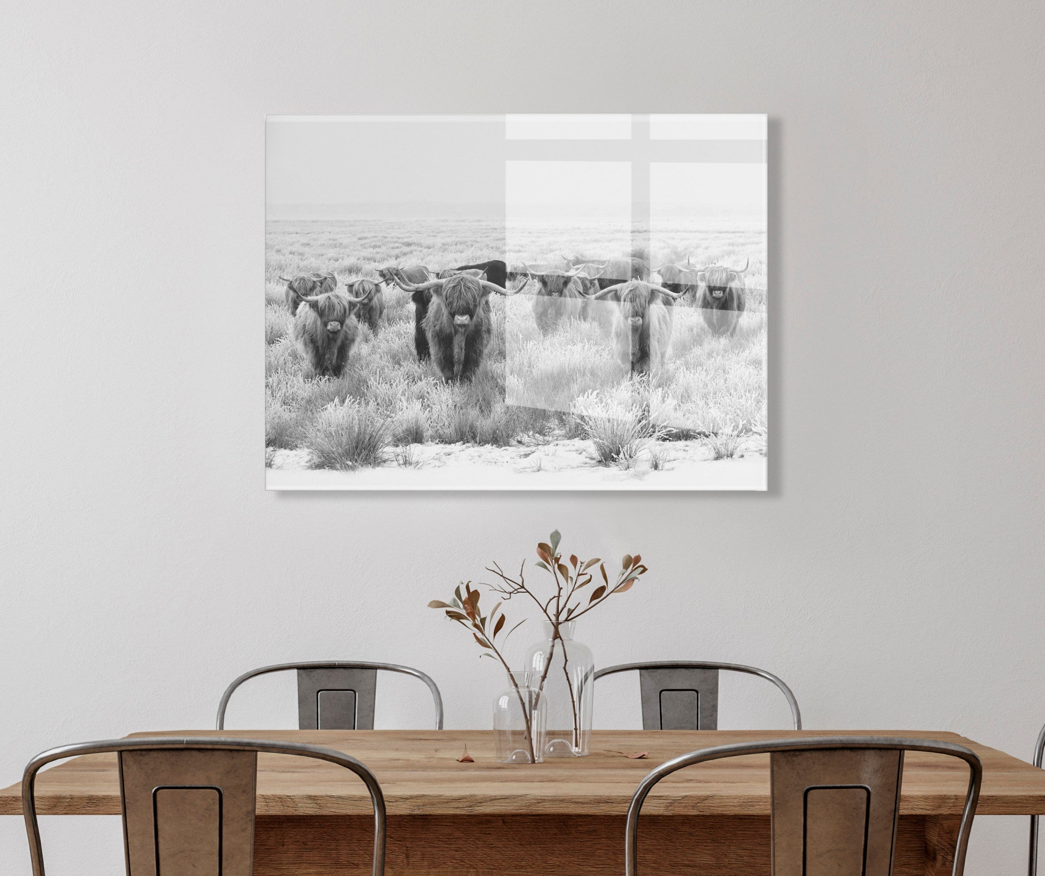 Herd of Highland Cows BW Floating Acrylic Art by The Creative Bunch Studio