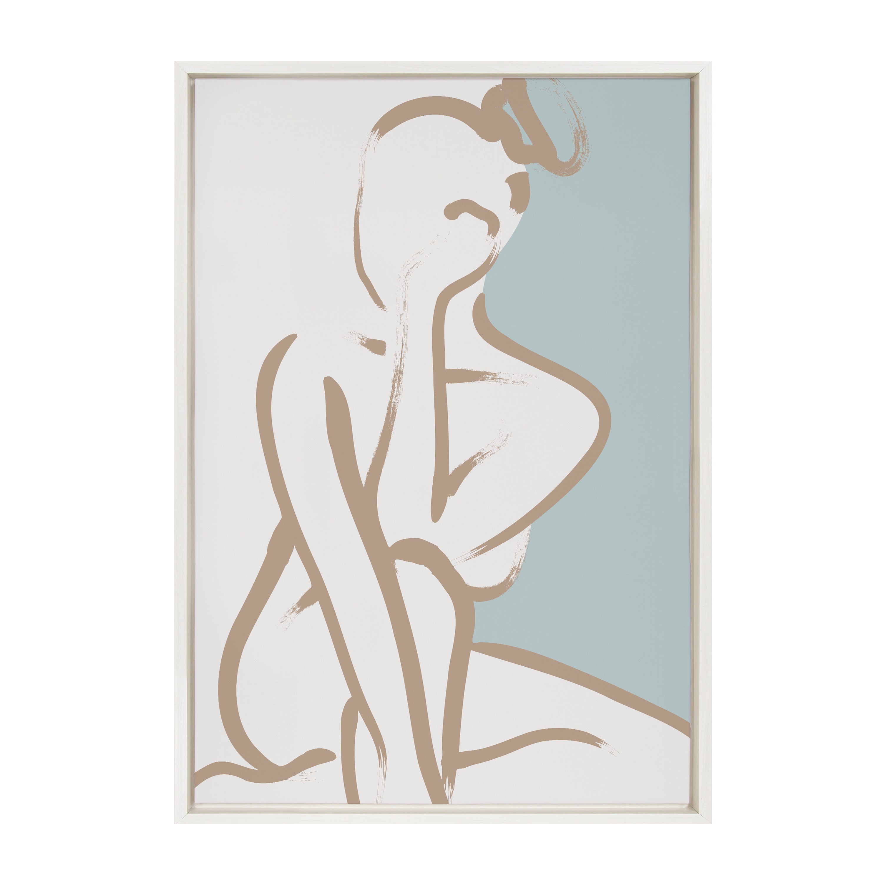 Sylvie Simple Romantic Line Art Drawing 1 Tan and Teal Framed Canvas by The Creative Bunch Studio