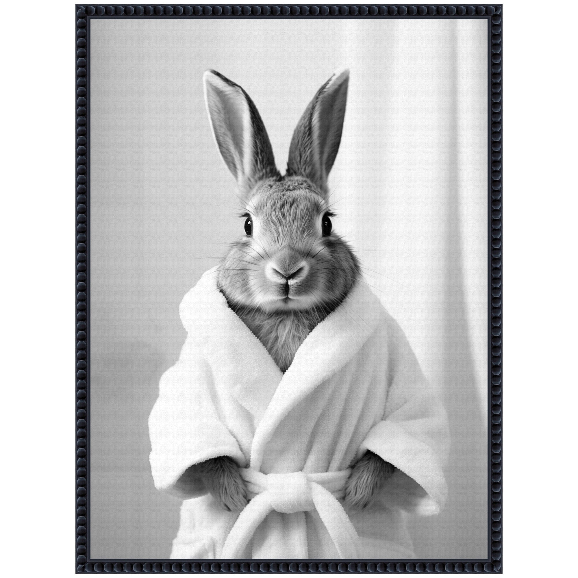 Sylvie Bunny Bathroom Art Towel Robe Black and White Framed Canvas by The Creative Bunch Studio