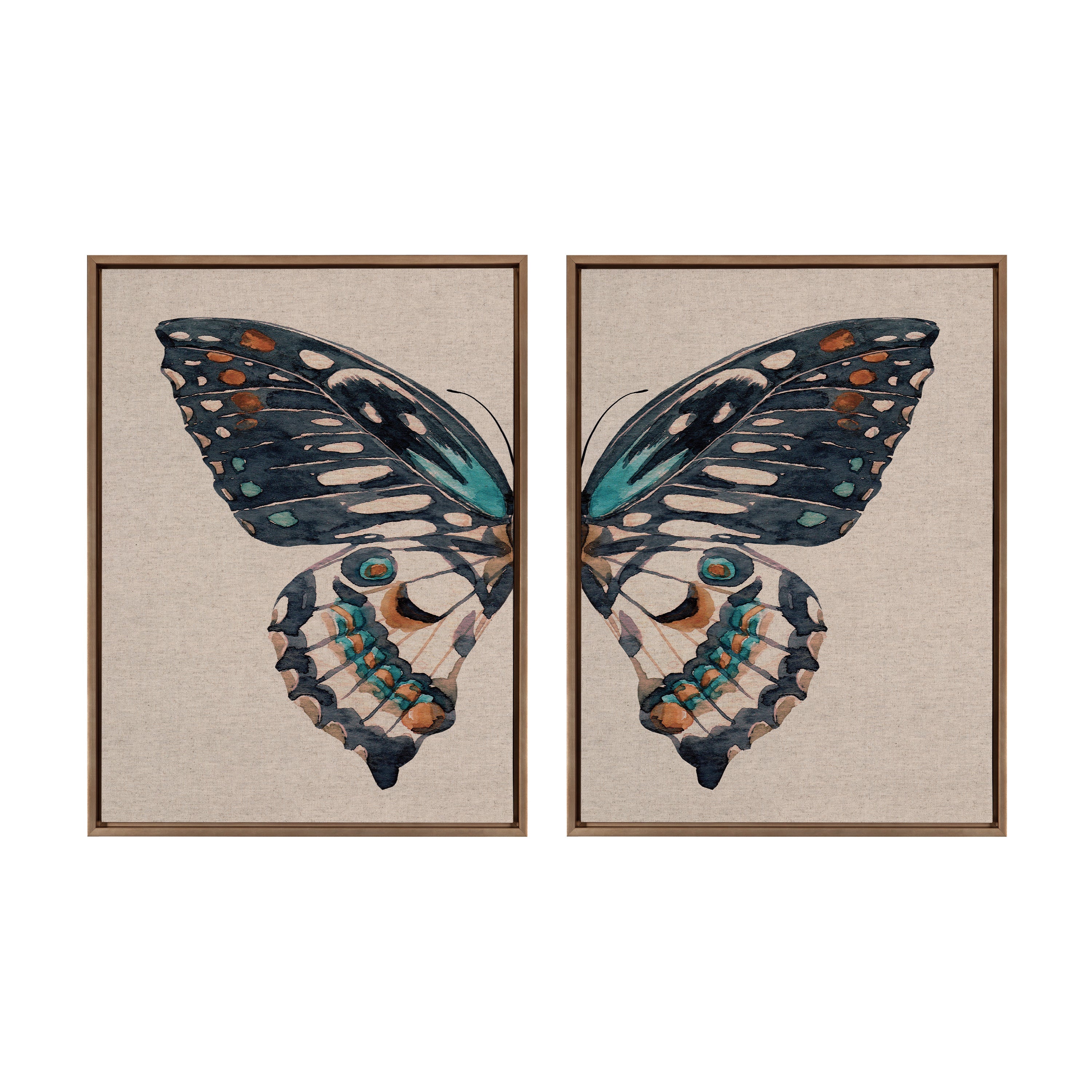 Sylvie Boho Butterfly Watercolor Diptych Neutral Linen Framed Canvas Art Set by The Creative Bunch Studio