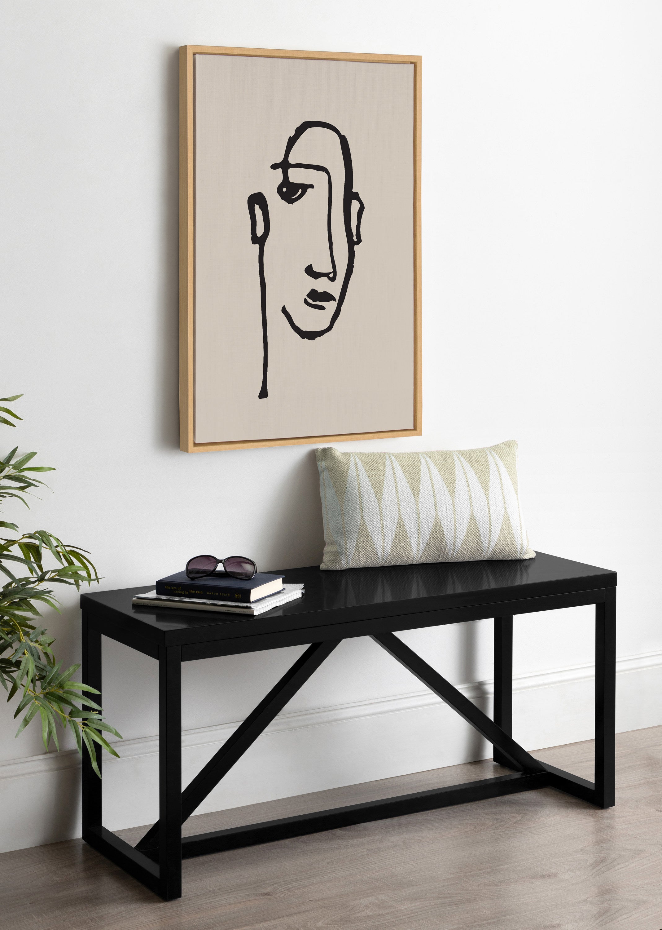 Sylvie Minimalist Neutral Line Art Drawing Face Framed Canvas by The Creative Bunch Studio