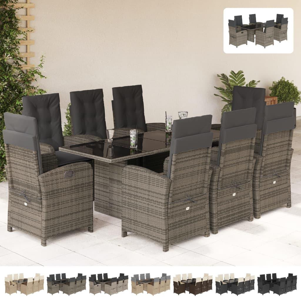 vidaXL 9 Piece Patio Dining Set with Cushions Gray Poly Rattan - PRHOMZ