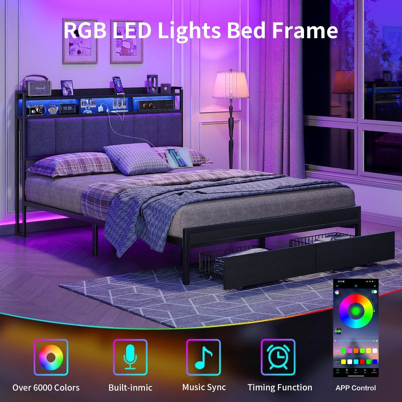 Vektaya US-BF016-BL Full/Queen Bed Frame with RGB LED Headboard, Charging Station, 2 Drawers, 2 USB & 2 AC Outlets, Easy Assembly, No Box Spring, Black