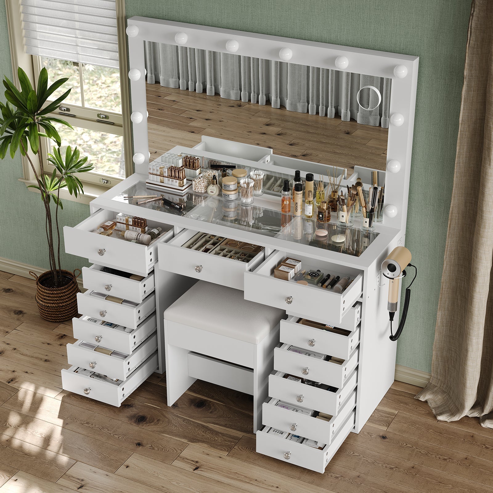 15-Drawer LED Mirror Vanity Desk - Yanosaku