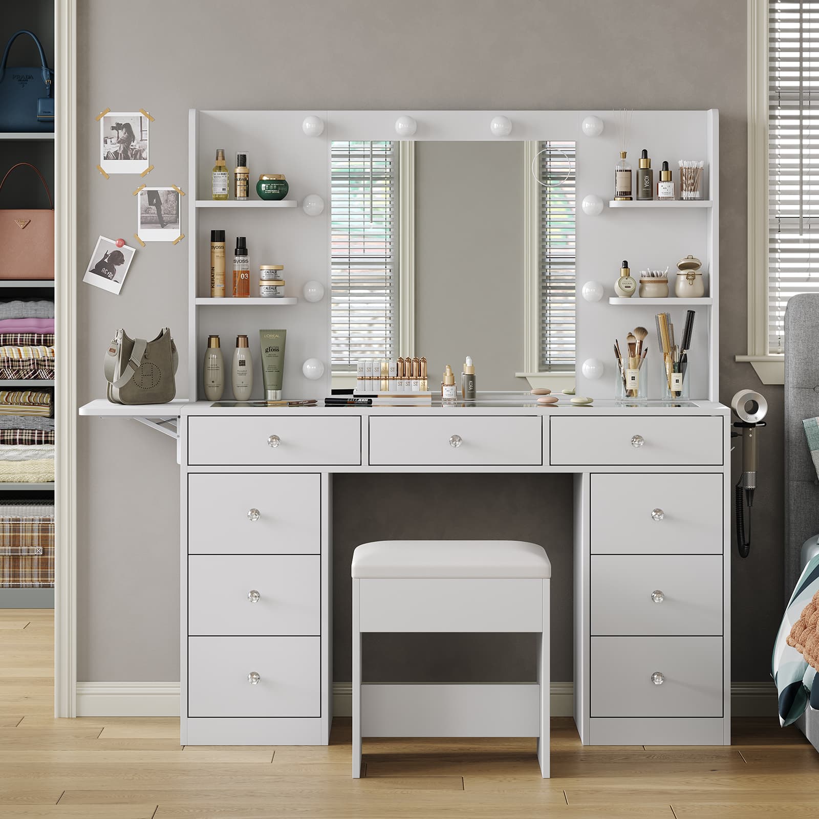 LED Mirror Vanity Desk with Charging Station - Yanosaku