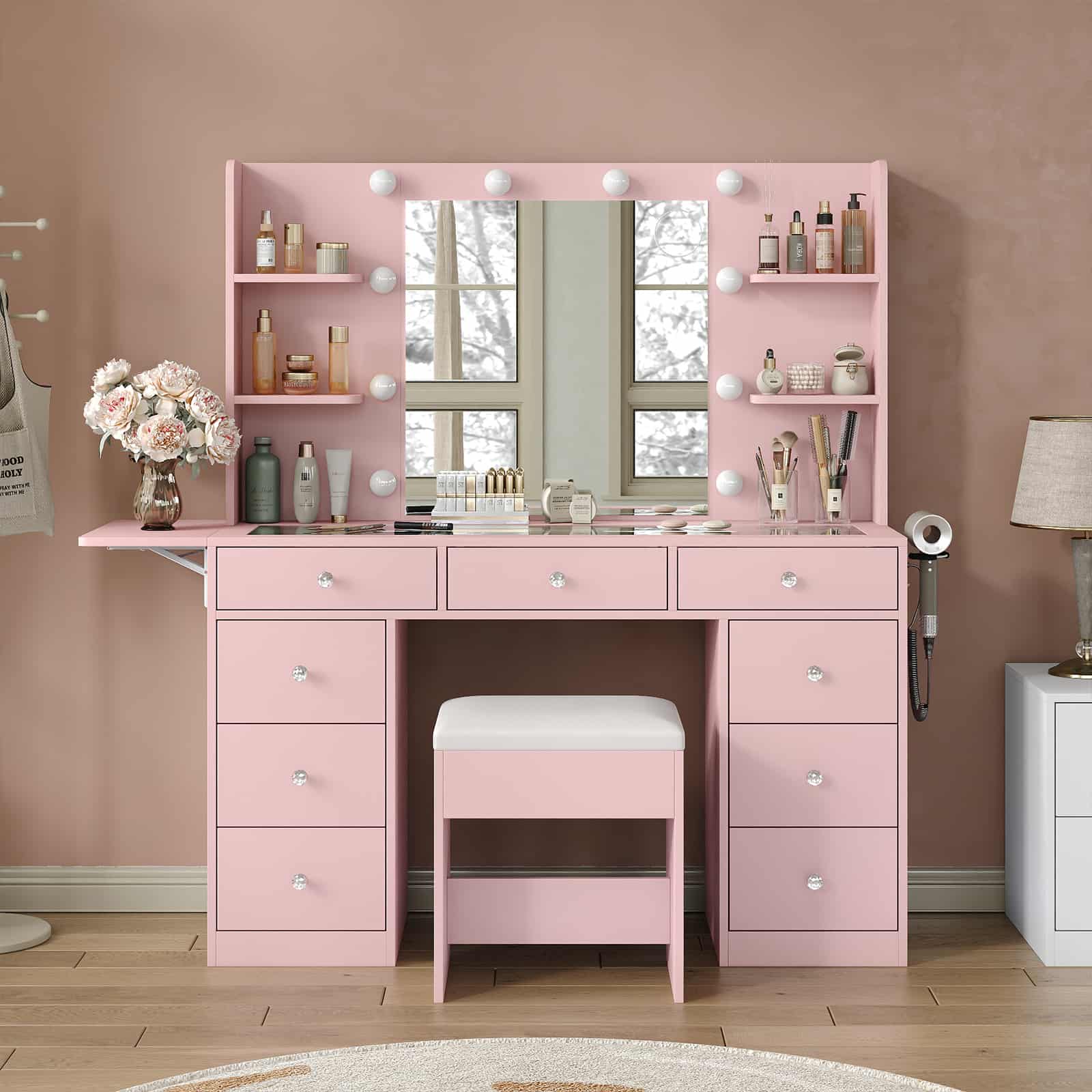 LED Mirror Vanity Desk with Charging Station - Yanosaku